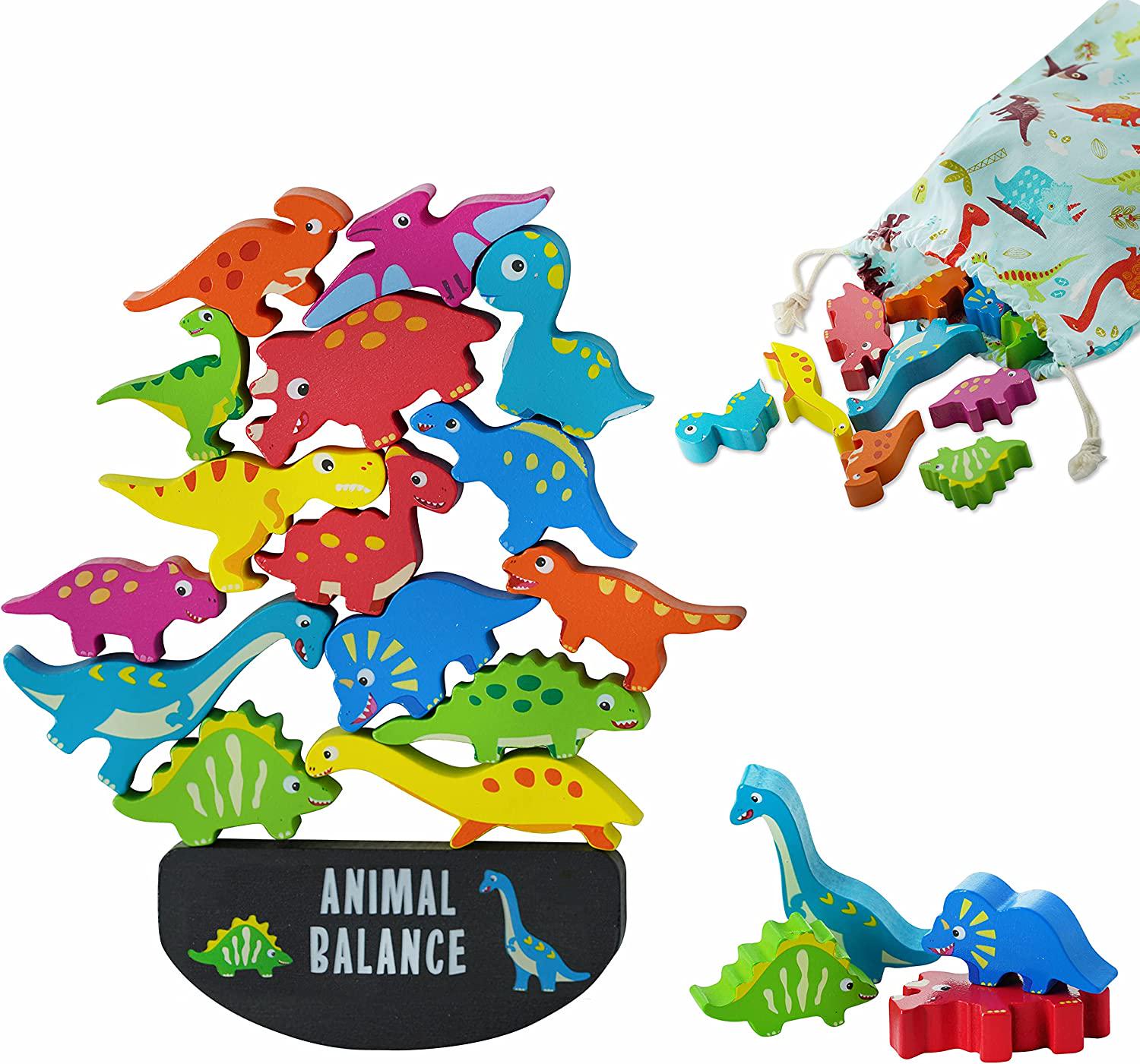 YOUJARL, Kids Toy Dinosaur Stacking Toy for 3+ Yrs Kids [15 Pieces] Montessori Toys for Learning and Balance Training, Wooden Game as Christmas and Birthday Gifts for 3 4 5 6+ Yrs Old [Sturdy and Waterproof]