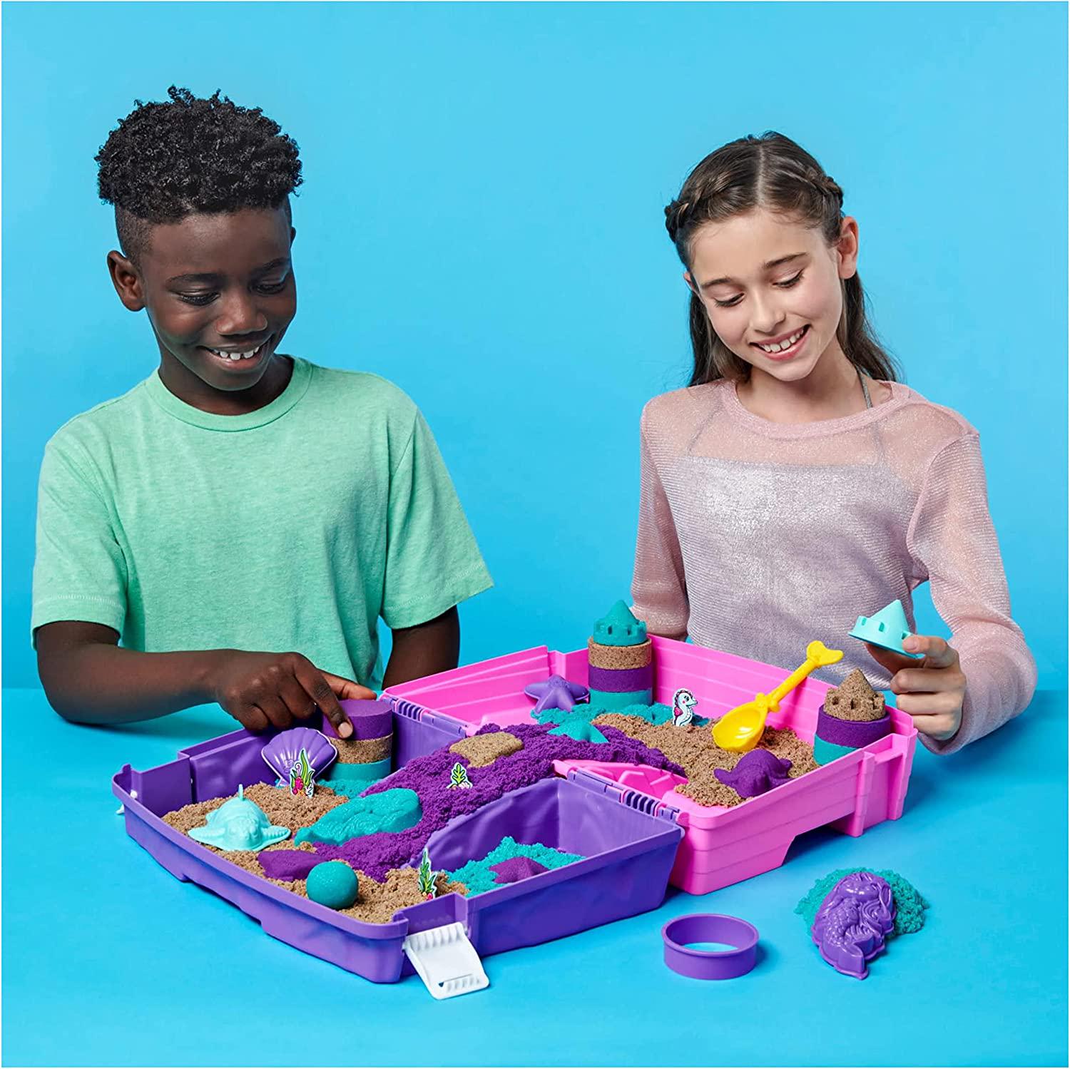 Kinetic Sand, Kinetic Sand, Mermaid Palace Playset, 2.06lbs of Shimmer Play Sand (Neon Purple, Shimmer Teal, and Beach Sand), Reusable Folding Sandbox and Tools, Sensory Toys for Kids Ages 3 and up