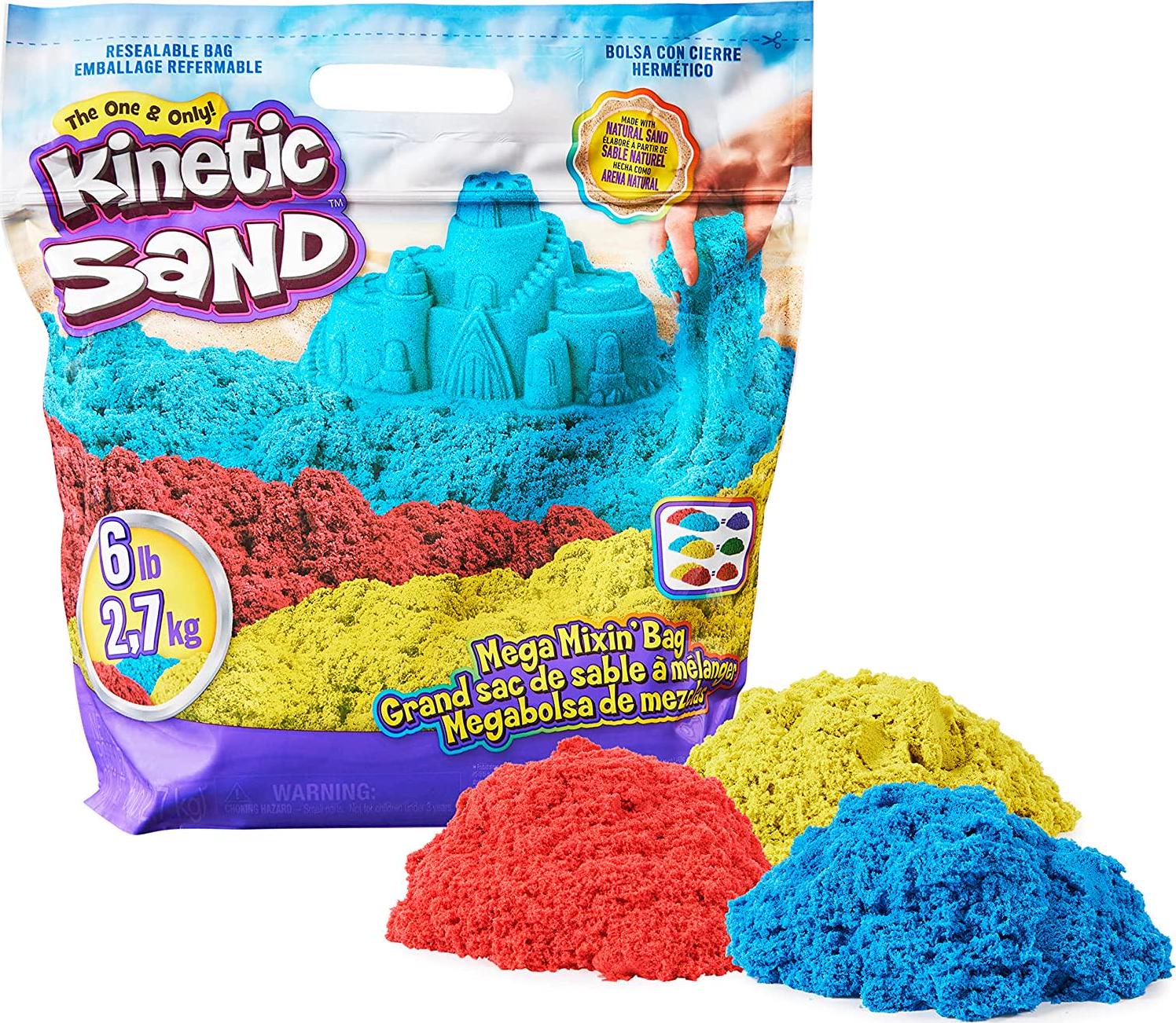 Kinetic Sand, Kinetic Sand, Online Exclusive 6lb Mega Mixin Bag with 2lbs Each of Red, Yellow and Blue Play Sand, Sensory Toys for Kids Ages 3 and up