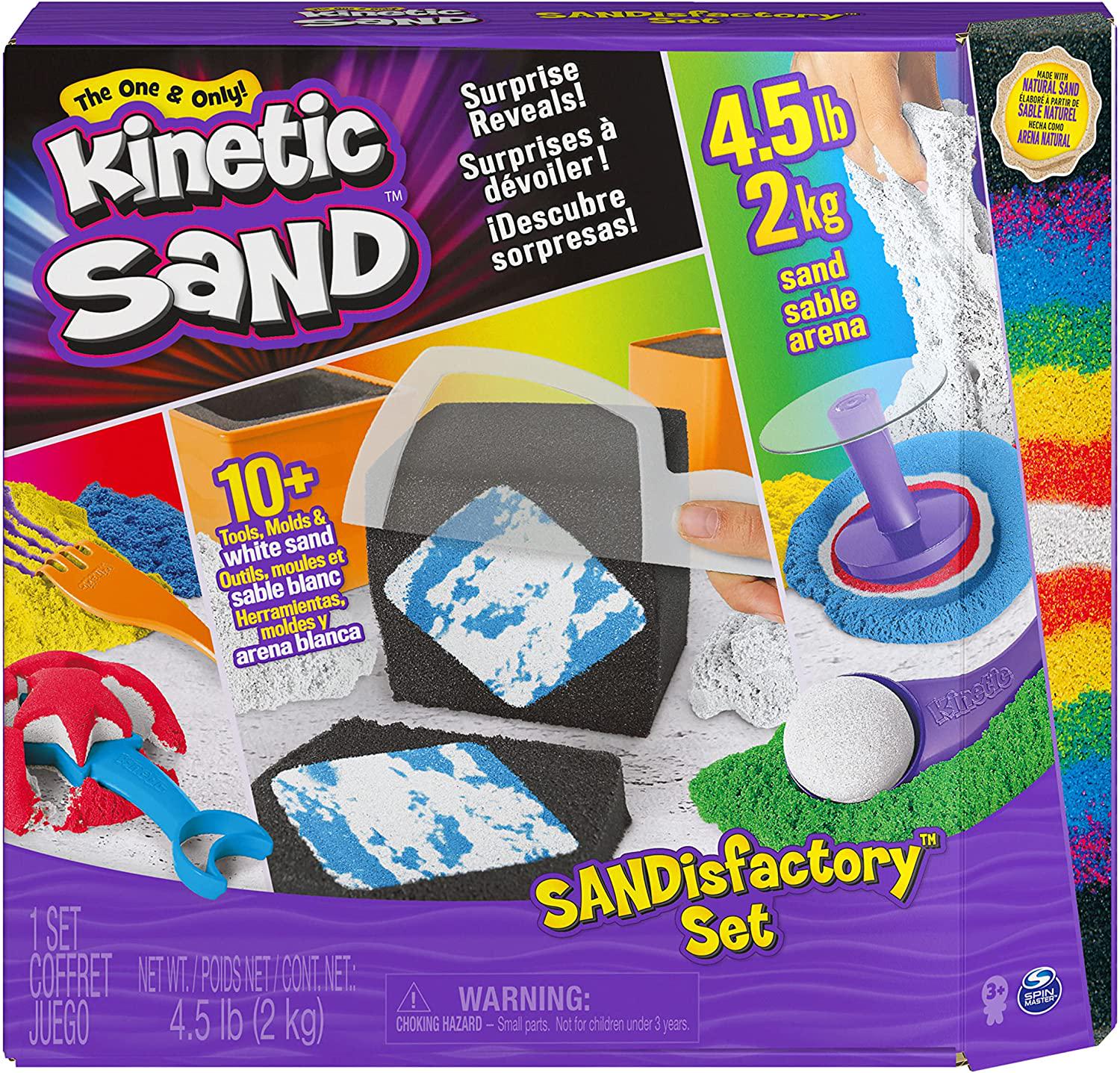 Kinetic Sand, Kinetic Sand, Sandisfactory Set, 4.5lbs of Colored and Rare White, 10 Tools and Molds, Play Sand for Kids Ages 3 and Up, Exclusive
