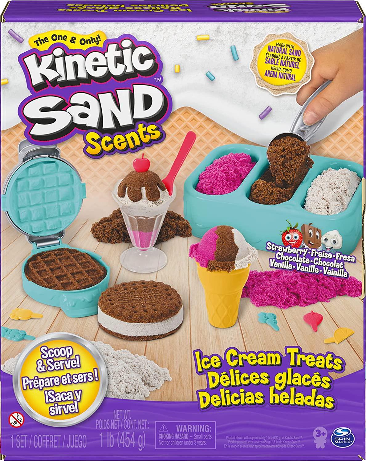 Kinetic Sand, Kinetic Sand Scents, Ice Cream Treats Playset with 3 Colors of All-Natural Scented Play Sand and 6 Serving Tools, Sensory Toys for Kids Ages 3 and up Multicolor 6059742