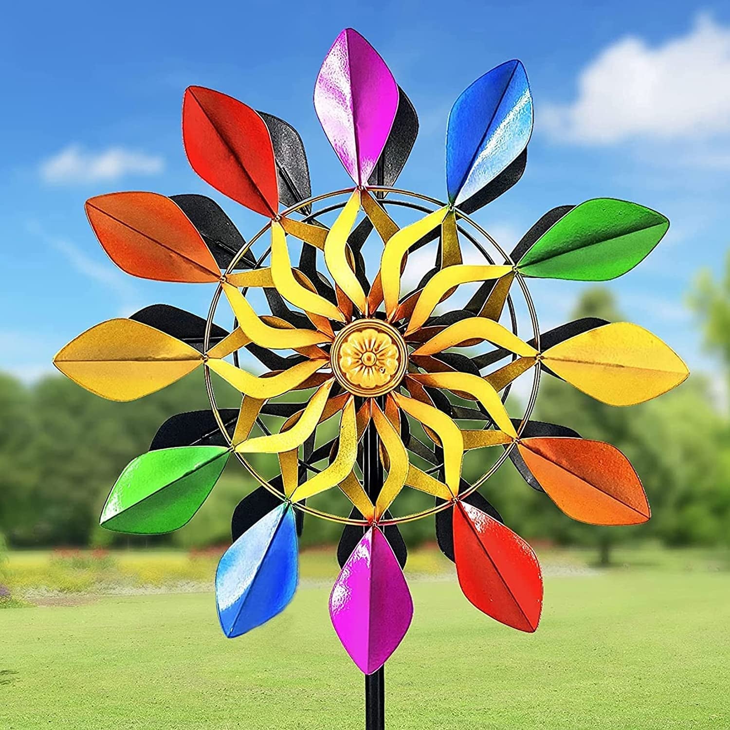 DIBIEECN, Kinetic Wind Spinner with Garden Stake, Rainbow Metal Windmill Garden Decoration, 360 Swivel Outdoor Wind Sculpture, 63 Inch Dual Direction Colorful Wind Catcher for Yard Lawn, Idea Garden Gifts