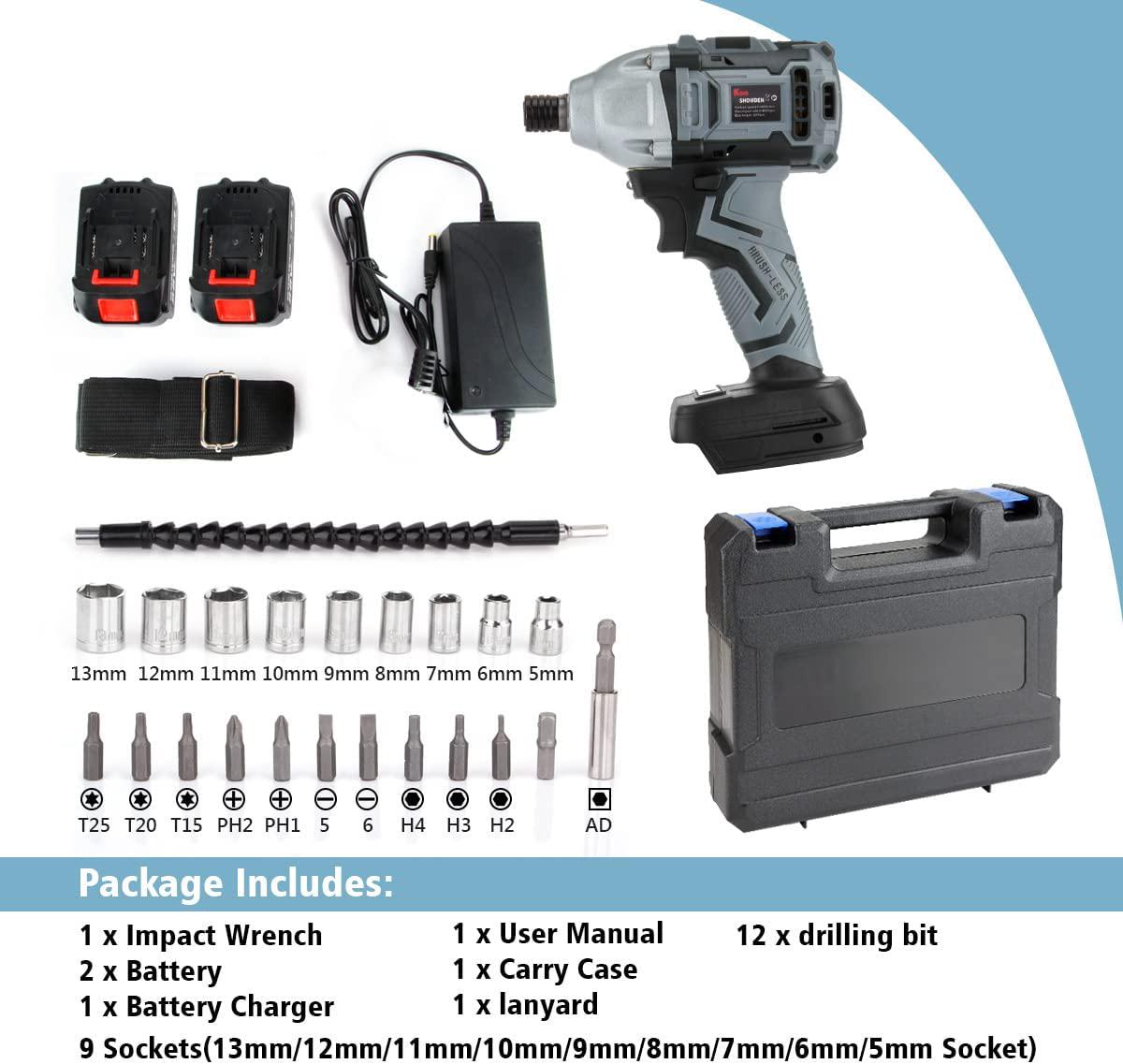 King showden, King showden Impact Driver with 2 Battery, Cordless Impact Driver 18V 5,000mAH Lithium Battery, 500Nm High Torque, Dual Speed Automatic Power Tool, 9 Sockets,12 Drilling bit, Carry Case