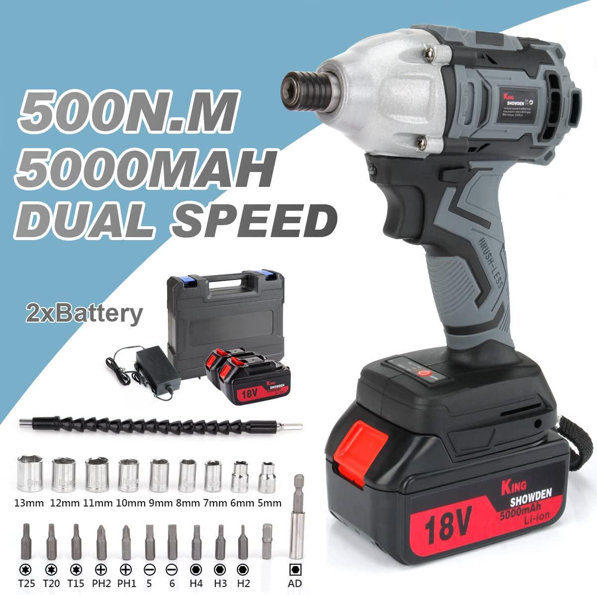 King showden, King showden Impact Driver with 2 Battery, Cordless Impact Driver 18V 5,000mAH Lithium Battery, 500Nm High Torque, Dual Speed Automatic Power Tool, 9 Sockets,12 Drilling bit, Carry Case