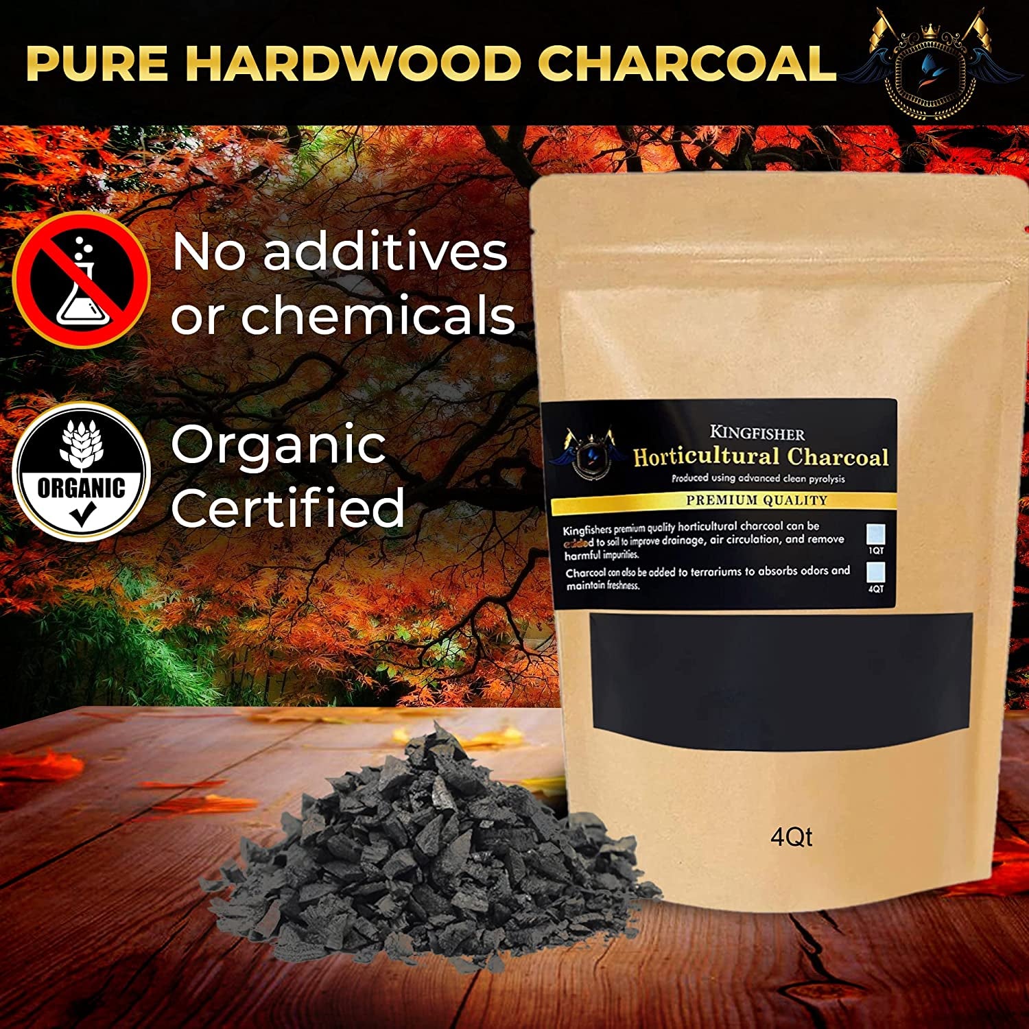 Kingfishers, Kingfishers Organic Horticultural Charcoal & Terrarium Charcoal | Charcoal for Plants | Pure Hardwood Charcoal for Planting and Gardening | (1 Quart)