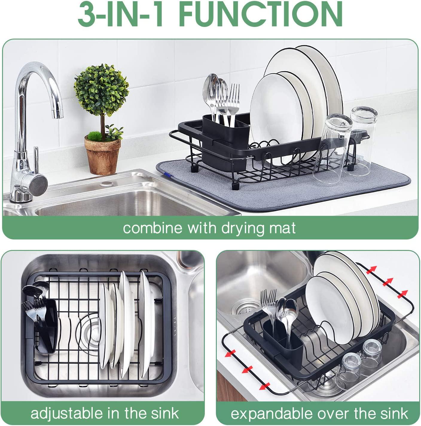KK KINGRACK, Kingrack Dish Sink Drainer, Dish Drying Rack Over Sink, Extendable Dish Drainer Black with Removable Cutlery Holder, Glass Holder,Dish Rack in Sink or On Counter, Plate Rack Drainer for Kitchen