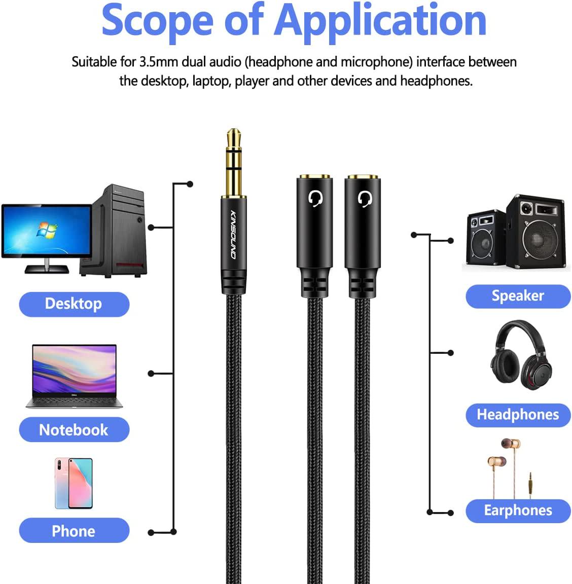 Kinsound, Kinsound 3.5mm Headphone Splitter, 1 Male to 2 Female Audio Stereo Y Splitter Cable Dual Headphone Jack Adapter with 2 Mic and Audio for Smartphone, Tablet, Laptop
