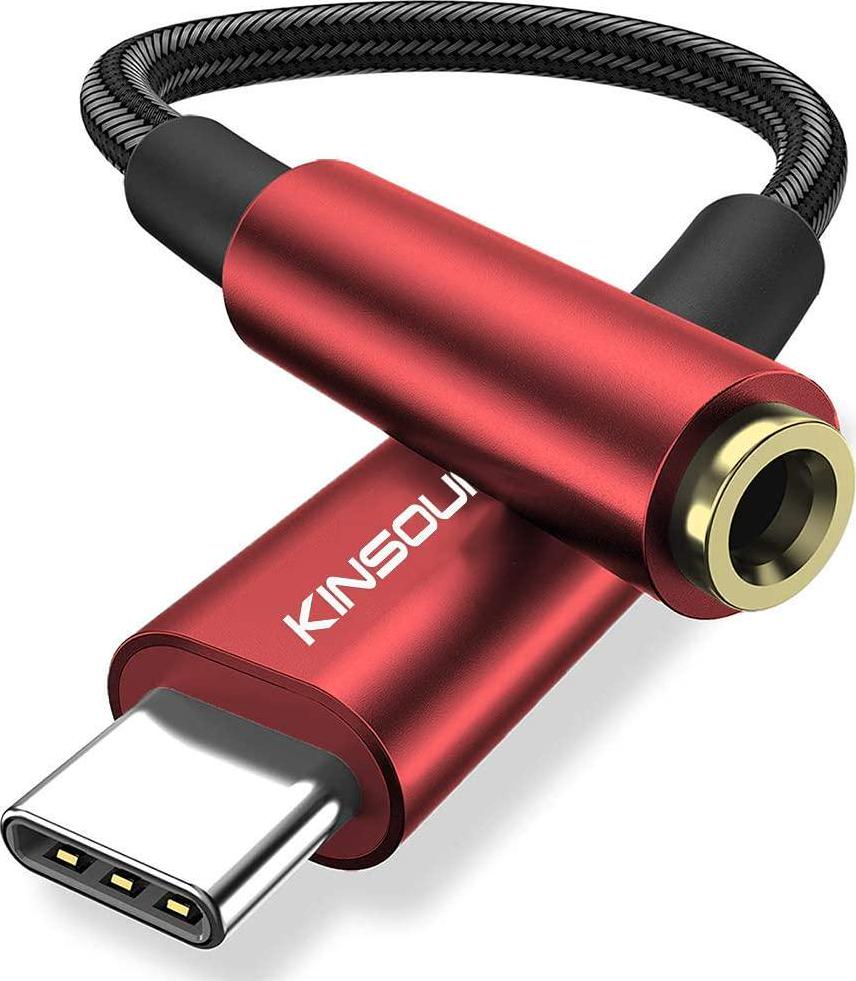 Kinsound, Kinsound USB C to 3.5mm Headphone Jack Adapter, Hi-Res DAC Type C to Audio Jack Cable Compatible for Samsung S21/S20 +, OnePlus 6/7/8 Pro, Pixel 2/2XL/3/3XL, Xiaomi 6/8/10, iPad Pro Red