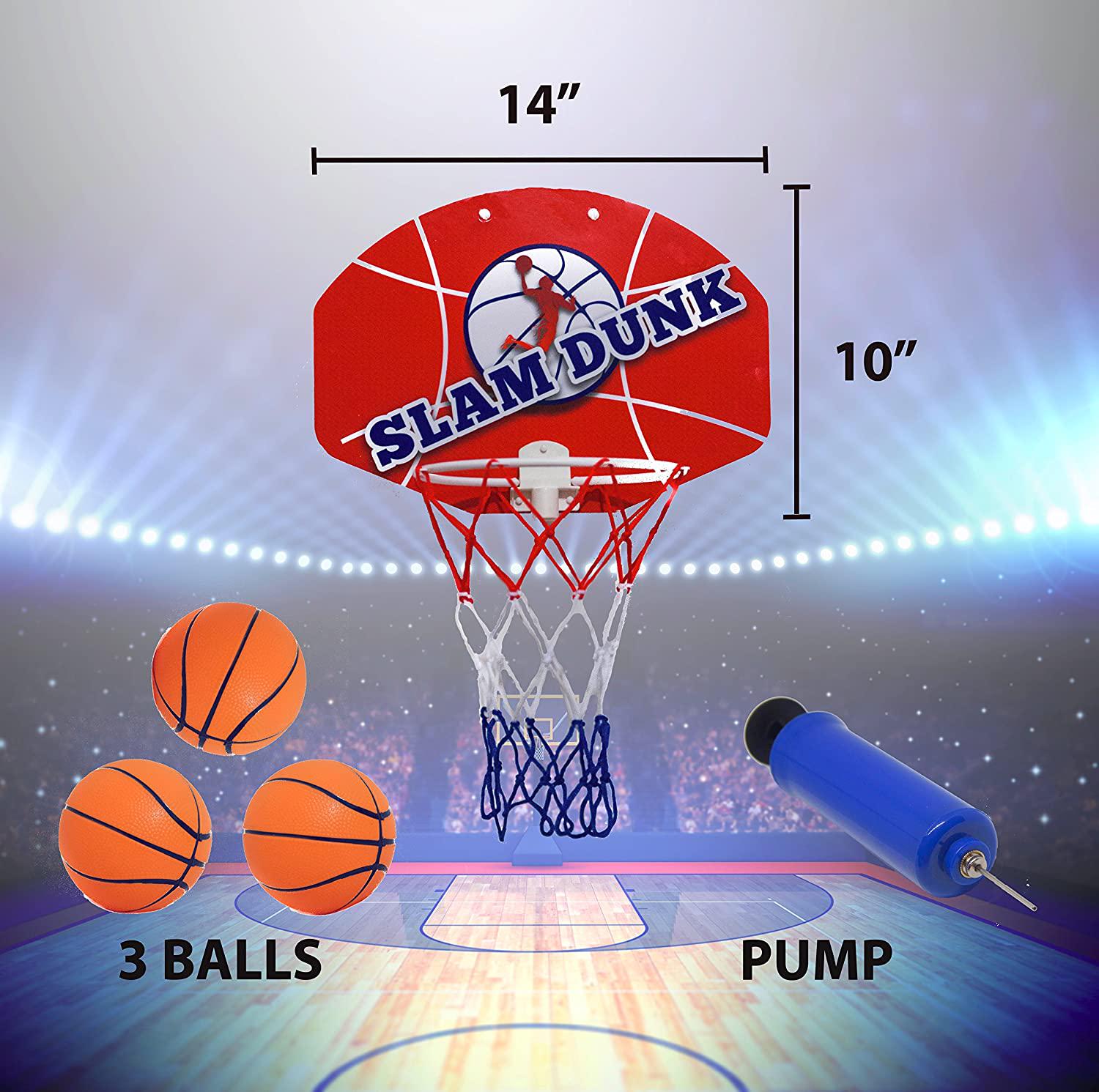 Kipi Toys, Kipi Toys Slam Dunk Mini Basketball Hoop Set-Over The Door Plastic Toy Backboard 14 X 10 with Net, 3 Ball Pump. Simple Assembly, Easy Clip-on Mount Game for Kids Children Or Adults