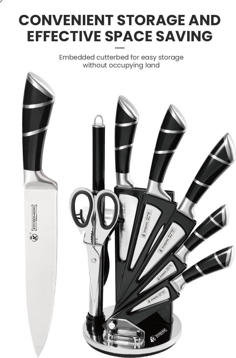 Knife Master, Kitchen Chef Knife Sharp 9 Piece Set, Premium Stainless Steel Knife Blade and Hollow Non-Slip Handles - 360 Degree Rotating Block Stand Cooking Set of Knives (Pink and Black)
