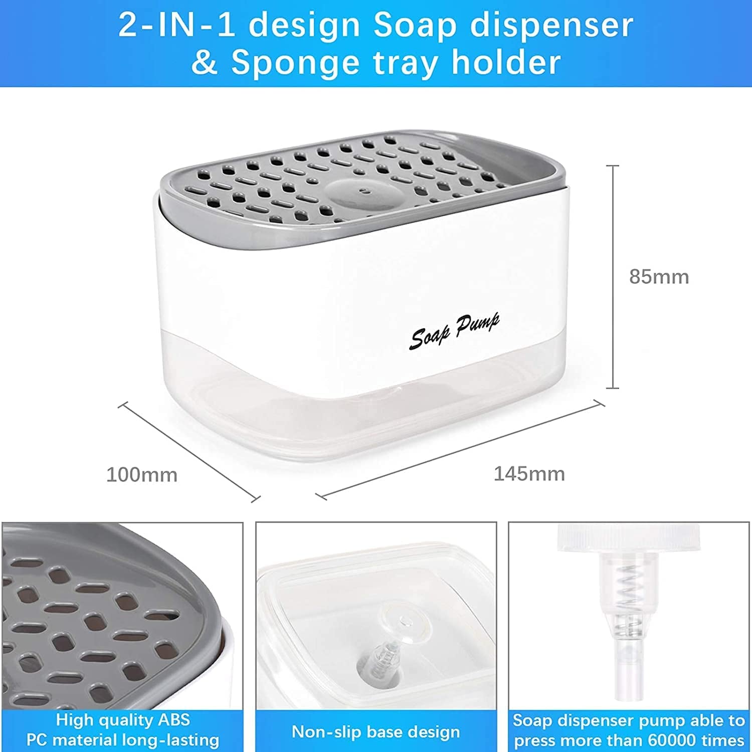 WEDCOL, Kitchen Dish Soap Dispenser with Sponge Holder, WEDCOL 2022 Newest 2-In-1 Countertop Soap Pump Dispenser, for Kitchen Sink Dishwashing Soap Dispenser - 12.5 Ounces