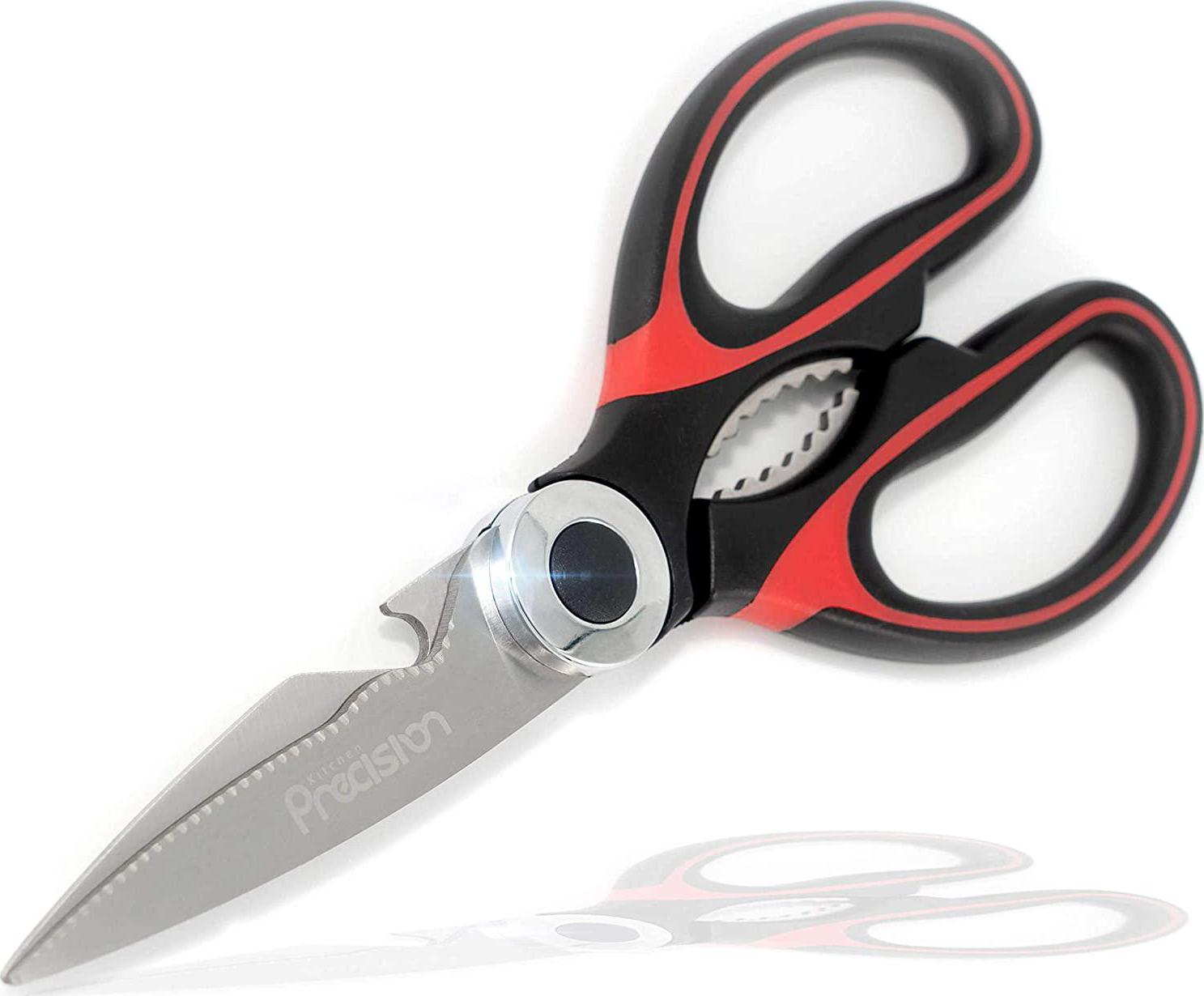 Kitchen Precision, Kitchen Precision Scissors [2022] - Ultra-Sharp Stainless Steel Heavy Duty Shears - Serrated Scaler, Bottle Opener - Dishwasher Safe - Kitchen - Kitchen Tools and Gadgets - Cookware (Black / Red)