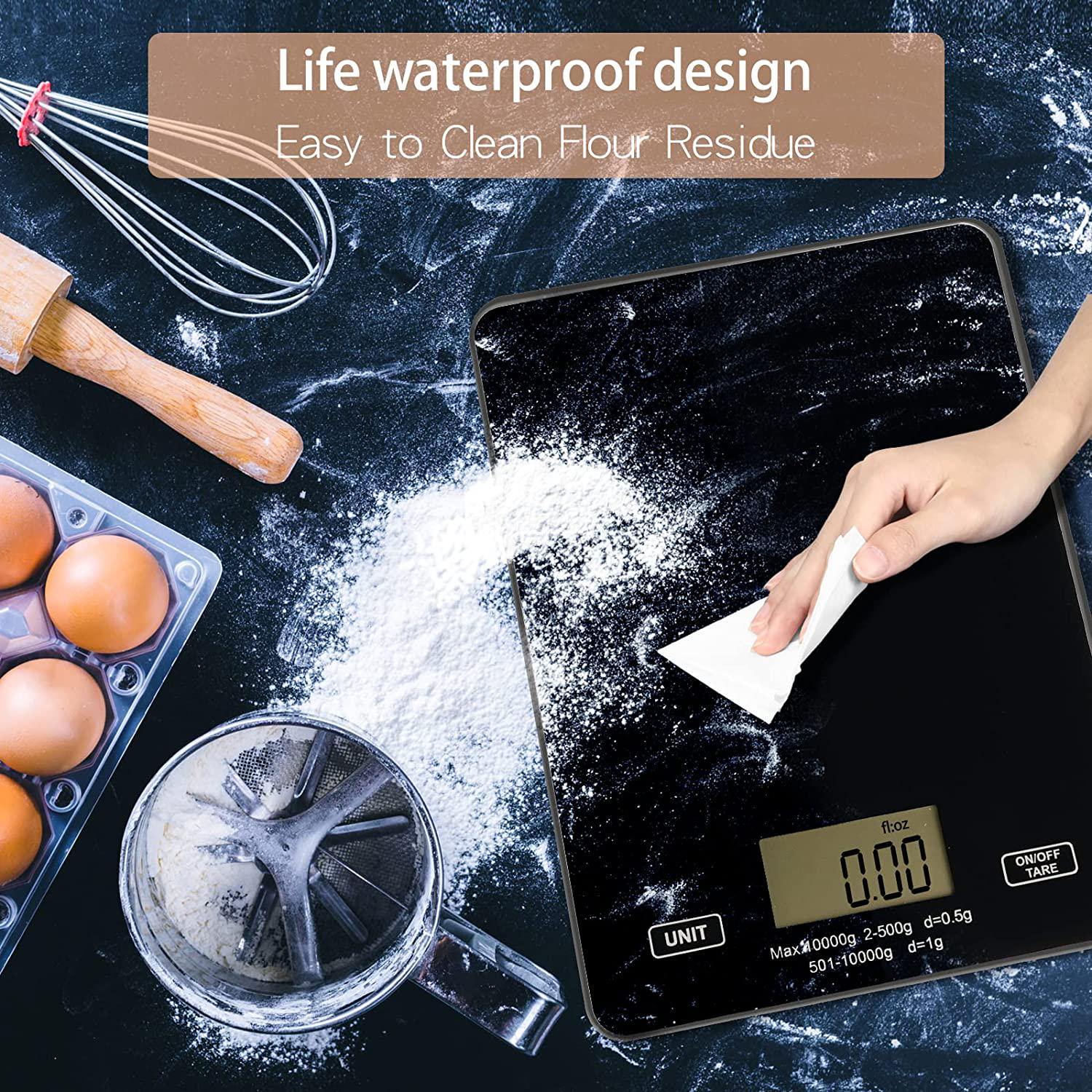 Rubruel, Kitchen Scale Digital Food Scale 10kg/22lb-USB Charging with Waterproof Tempered Glass Platform for Weight Loss Cooking and Coffee with LCD Display High Accuracy (Black)