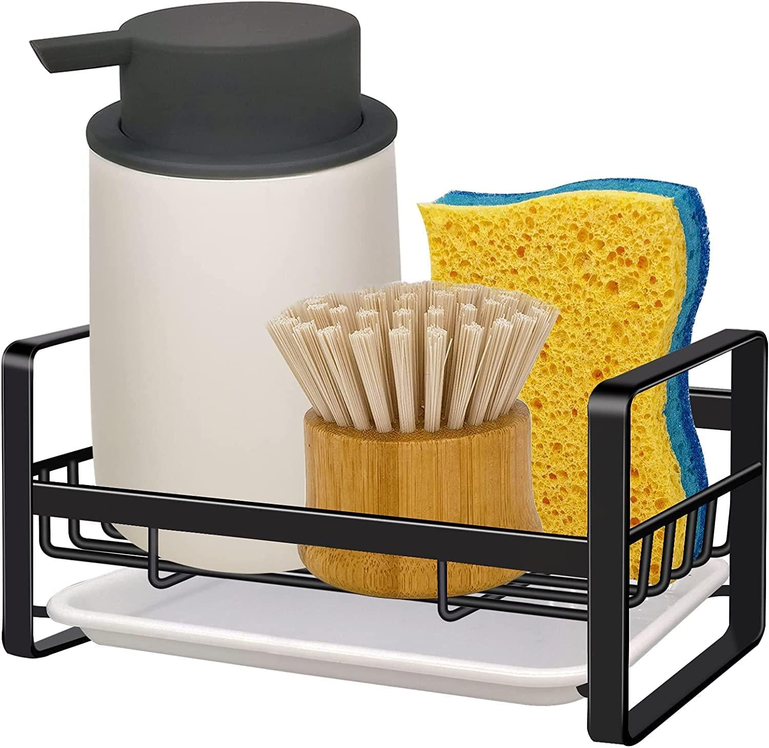 JunKaixx, Kitchen Sink Caddy Sponge Holder - Sink Caddy Organizer, Sponge Holder for Sink, Sink Tray Drainer Rack, Soap Dish Dispenser Brush Holder Storage Kitchen Accessories -Countertop or Adhesive