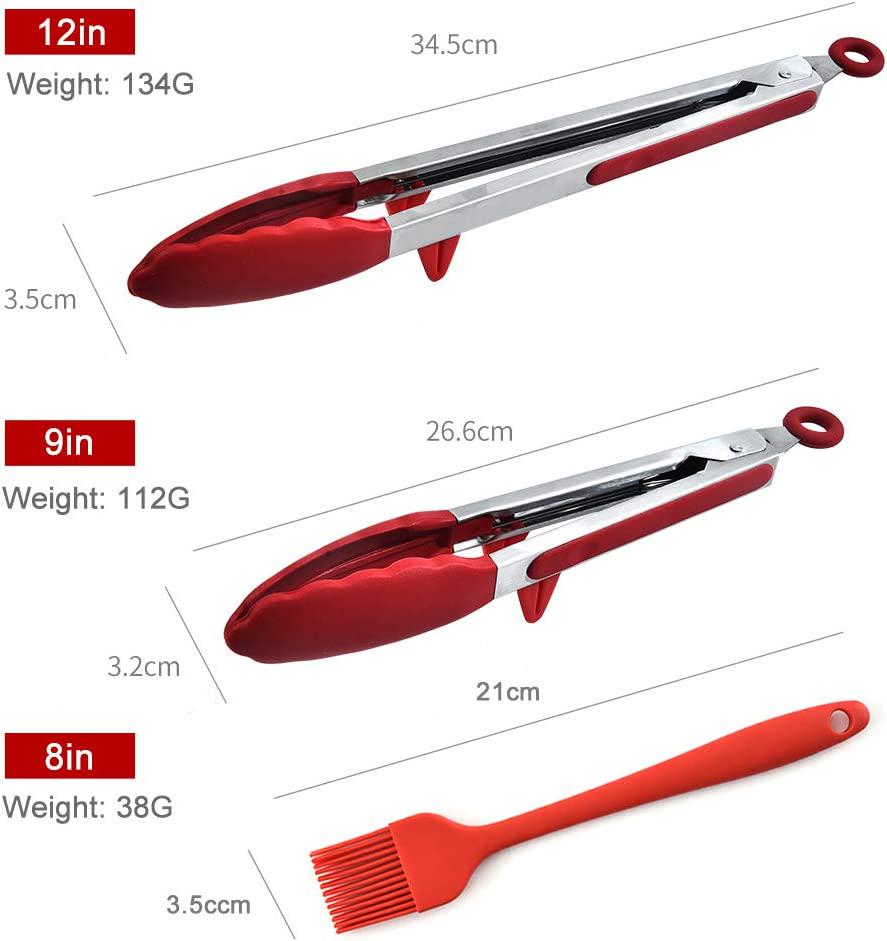 Ayvicco, Kitchen Tongs for Cooking with Silicone Tips, Premium Stainless Steel Locking Kitchen Tongs with Stand for Baking, BBQ and Salad (12-Inch and 9-Inch Tong, Plus 8-Inch Pastry Brush, Red)