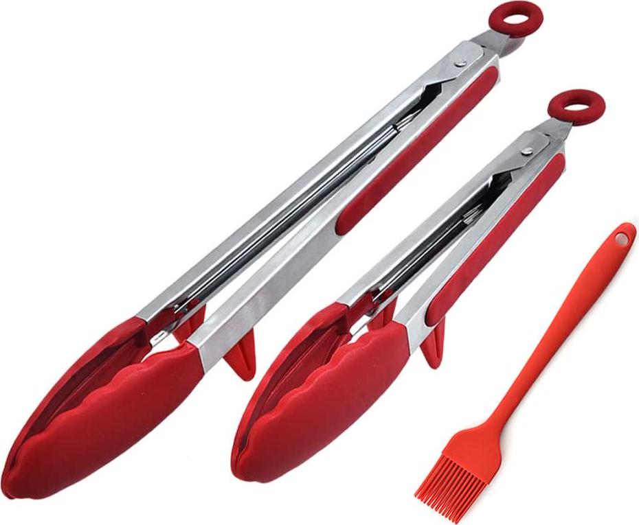 Ayvicco, Kitchen Tongs for Cooking with Silicone Tips, Premium Stainless Steel Locking Kitchen Tongs with Stand for Baking, BBQ and Salad (12-Inch and 9-Inch Tong, Plus 8-Inch Pastry Brush, Red)