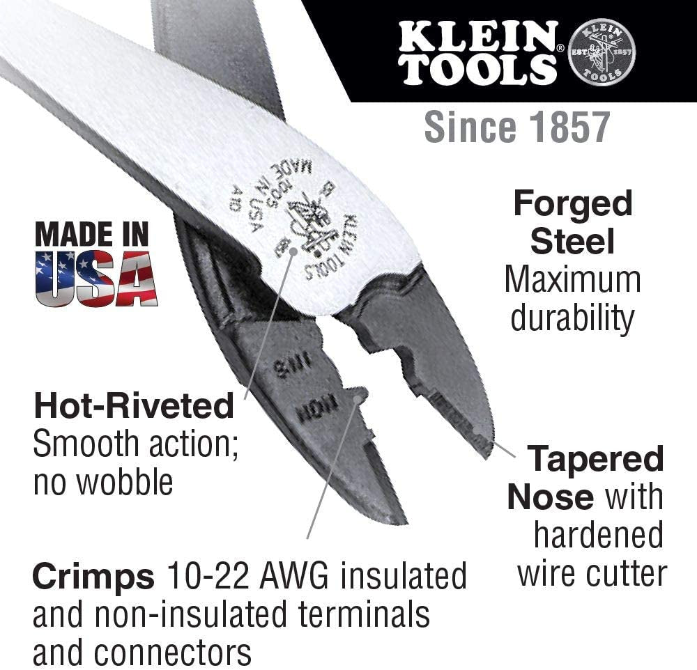 KLEIN TOOLS, Klein Tools 1005 Cutting/Crimping Tool for 10-22 AWG Terminals and Connectors, Terminal Crimper for Insulated and Non-Insulated Terminals