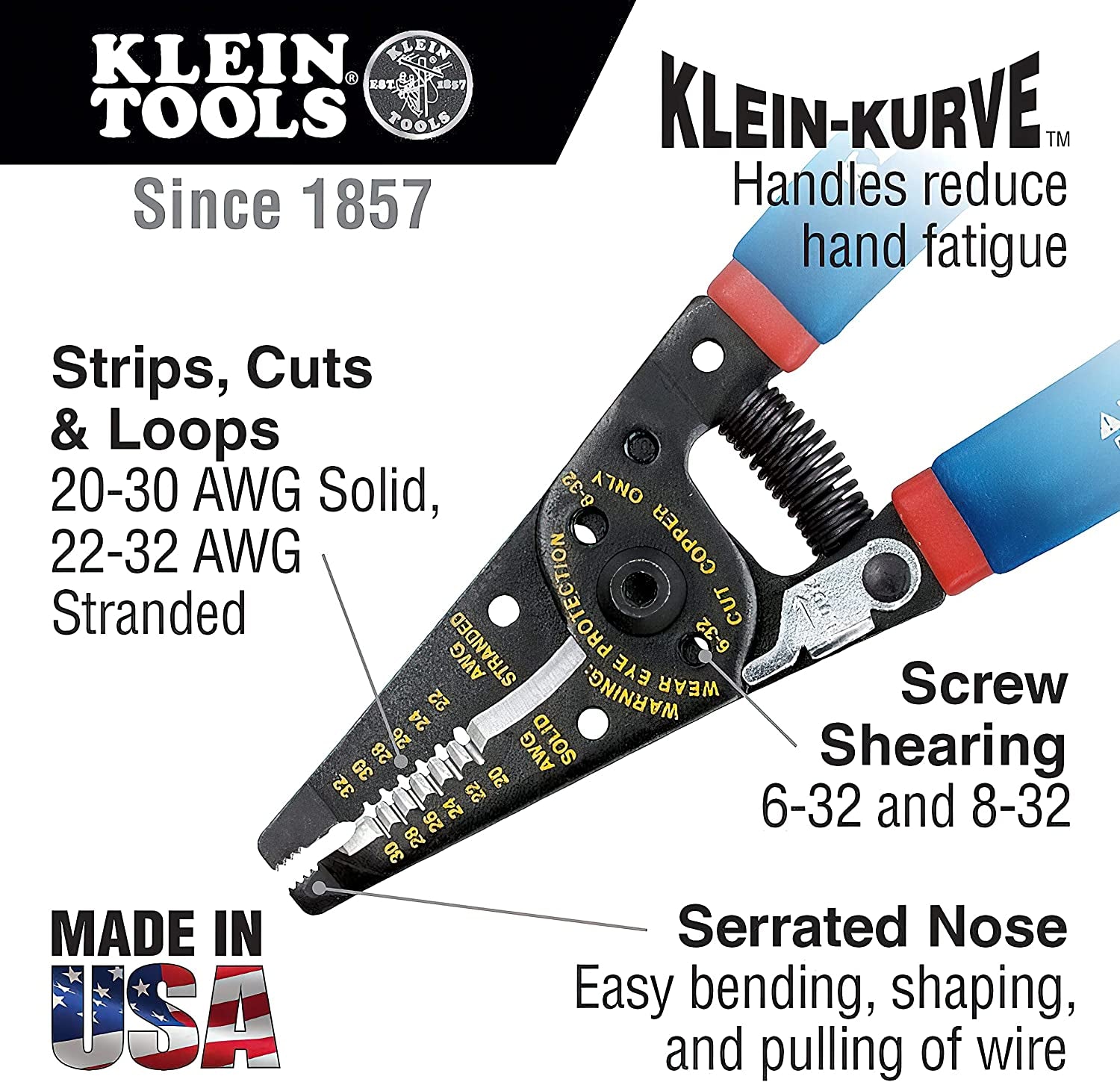KLEIN TOOLS, Klein Tools 11057 Wire Cutter/Wire Stripper, Heavy Duty Wire Cutter Stripper for 20-30 AWG Solid Wire and 22-32 AWG Stranded Wire