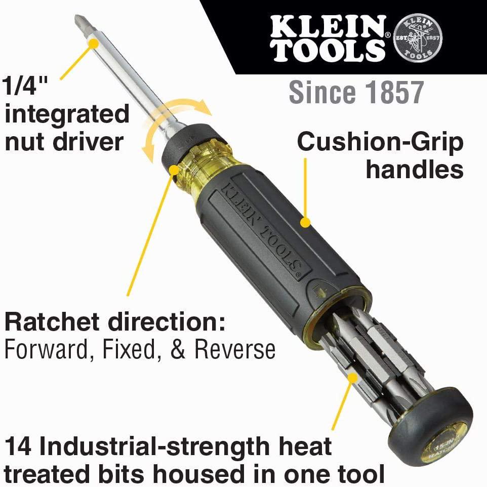 KLEIN TOOLS, Klein Tools 32305 Multi-bit Ratcheting Screwdriver, 15-in-1 Tool with Phillips, Slotted, Square, Torx and Combo Bits and 1/4-Inch Nut Driver