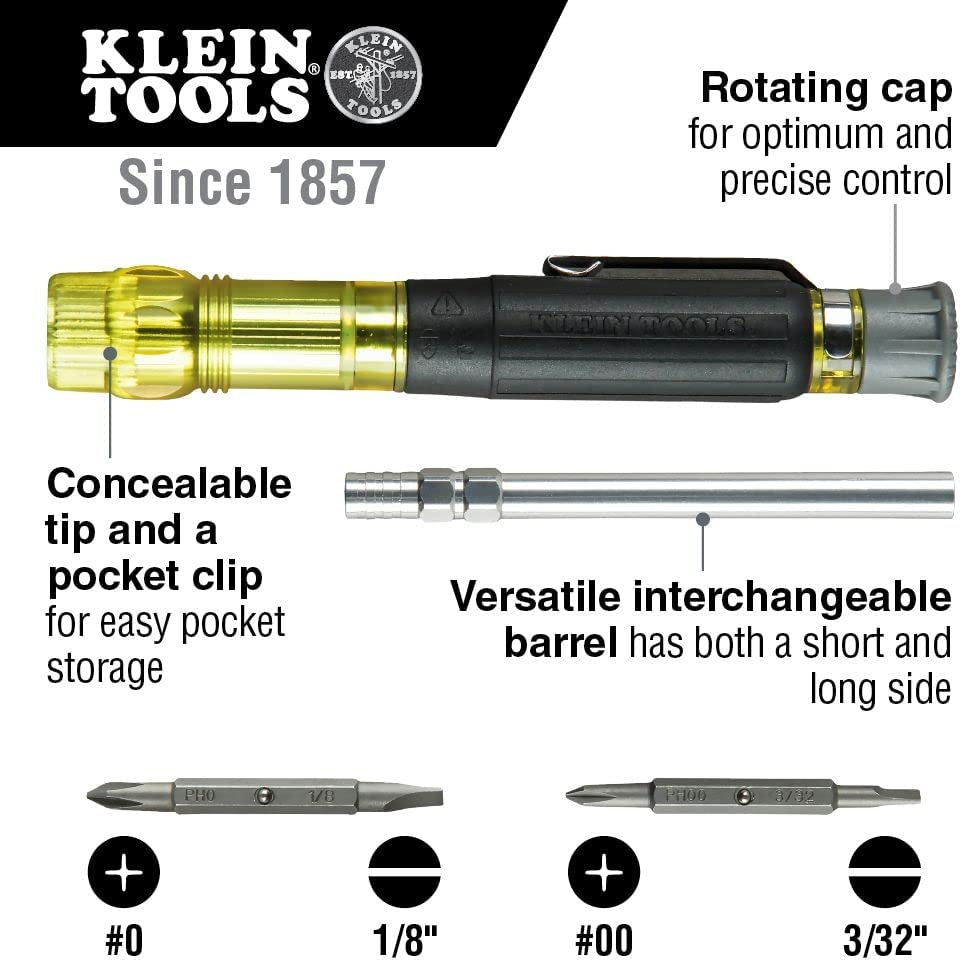 KLEIN TOOLS, Klein Tools 32614 Multi-Bit Precision Screwdriver Set, 4-In-1 Electronics Pocket Screwdriver, Professional Phillips and Slotted Bits
