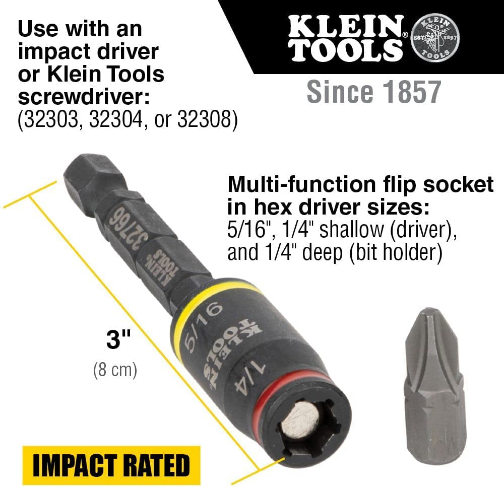 KLEIN TOOLS, Klein Tools 32768 Impact Driver, 3-In-1 Impact Flip Socket and Bit Holder, 1/4 and 5/16-Inch Hex Drivers, 3 and 5-Inch Lengths, 2-Piece Set