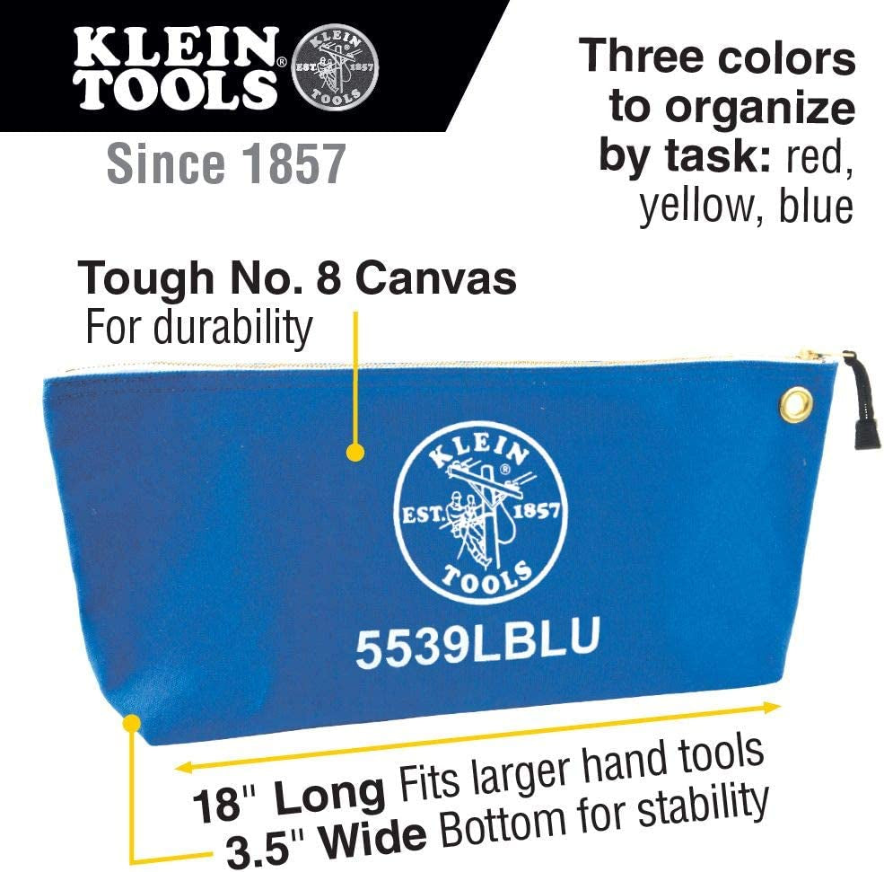 KLEIN TOOLS, Klein Tools 5539LCPAK Zipper Bags, Large 16-Inch Canvas Tool Pouches for Tool Storage with Brass Zipper, and Grommet for Hanging, 3-Pack