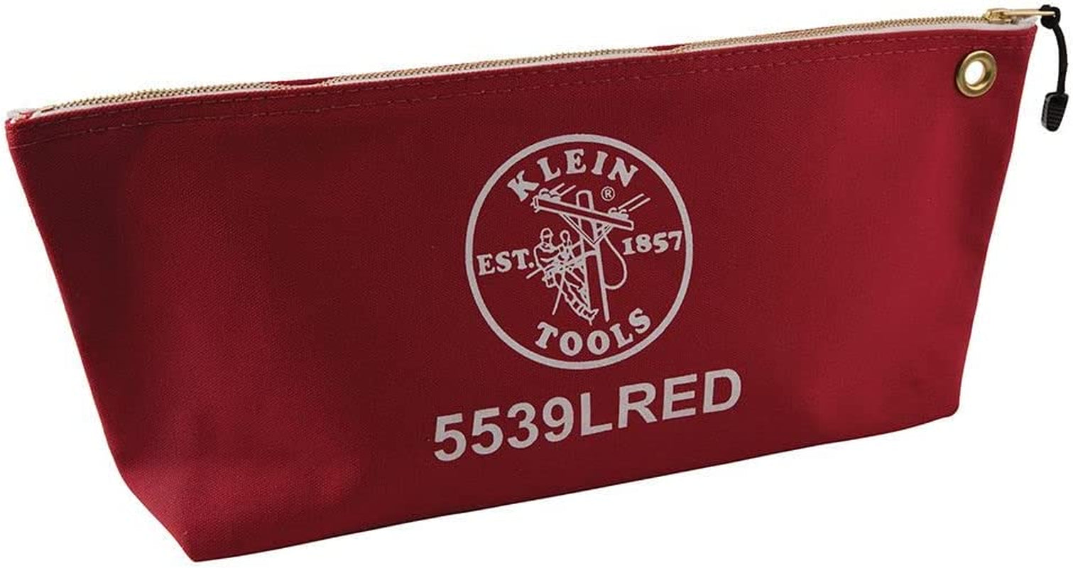 KLEIN TOOLS, Klein Tools 5539LRED Zipper Bag, Large 16-Inch Canvas Tool Pouch for Tool Storage with Brass Zipper, and Grommet for Hanging, Red