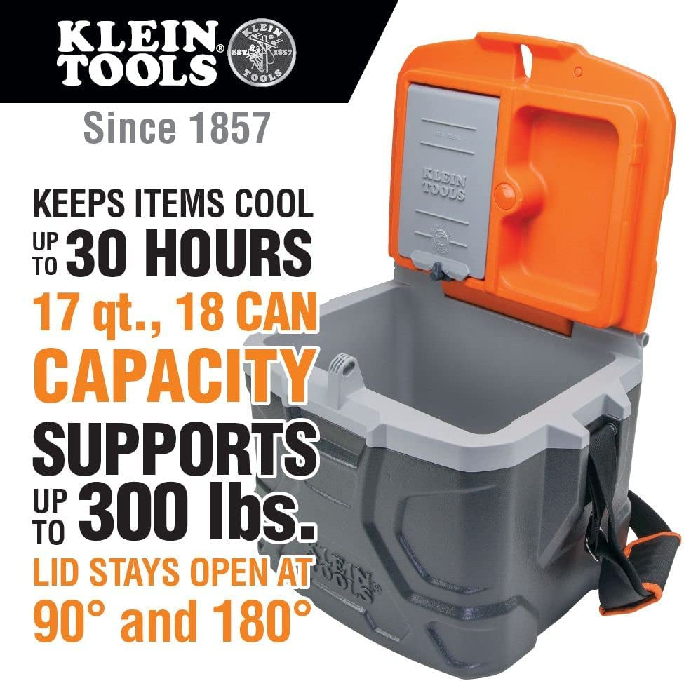 KLEIN TOOLS, Klein Tools 55600 Work Cooler 17-Quart, Keep Cool 30 Hours, Seats 300 Pounds, Tradesman Pro Tough Box, Grey with Orange