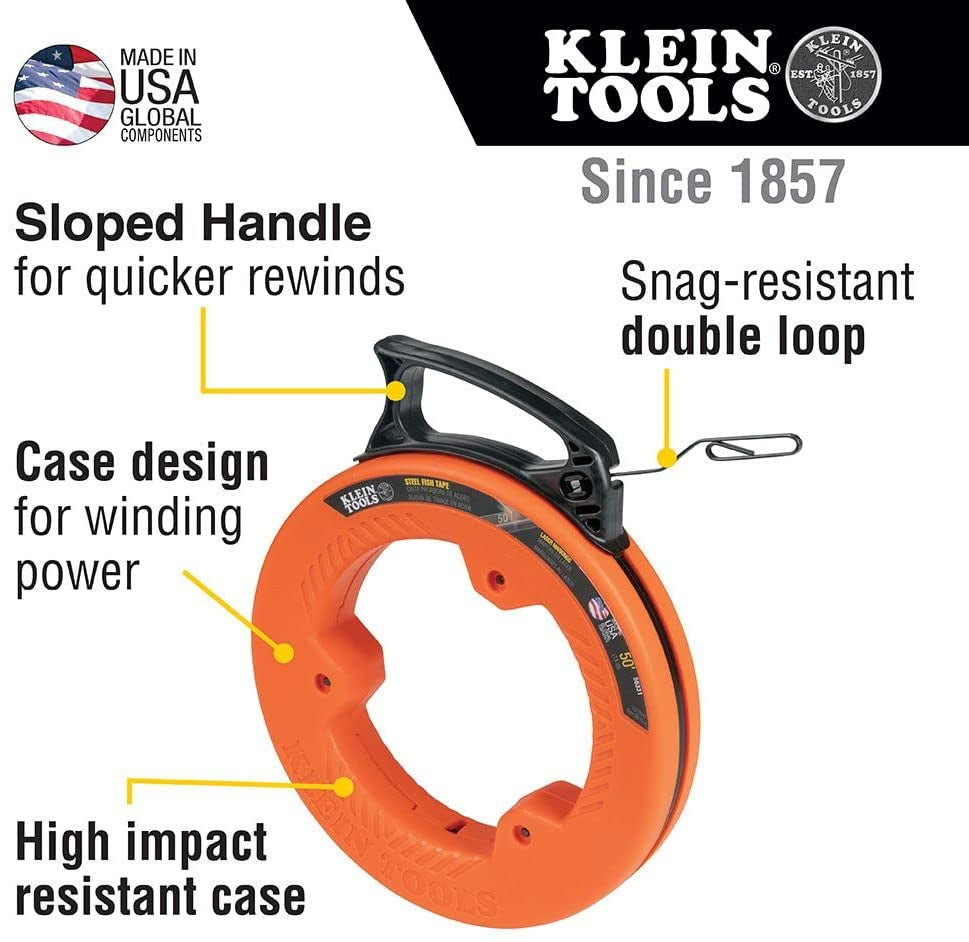 KLEIN TOOLS, Klein Tools 56331 Fish Tape, Steel Wire Puller with Double Loop Tip, Optimized Housing and Handle, 1/8-Inch X 50-Foot