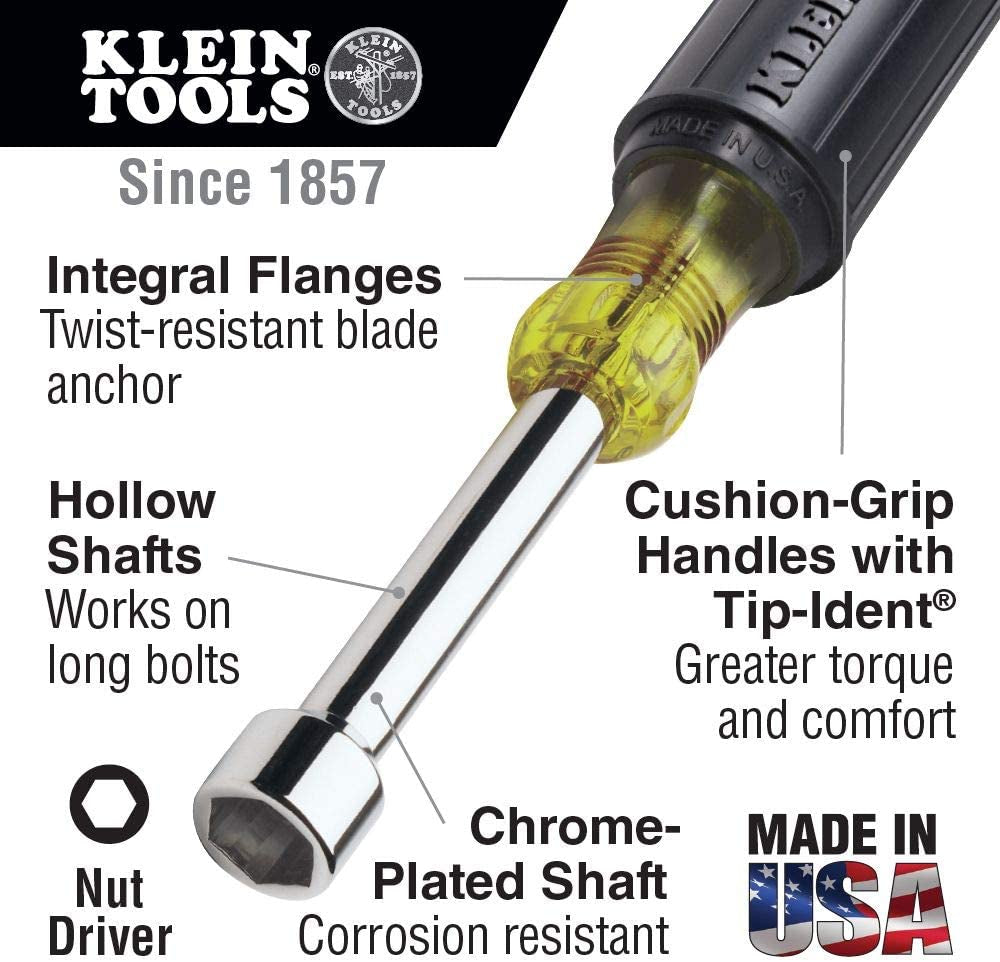 KLEIN TOOLS, Klein Tools 65160 Tool Set, Metric Nut Driver Set Sizes 5, 5.5, 6, 7, 8, 9, and 10 Mm, 3-Inch Chrome-Plate Hollow Shafts, 7-Piece