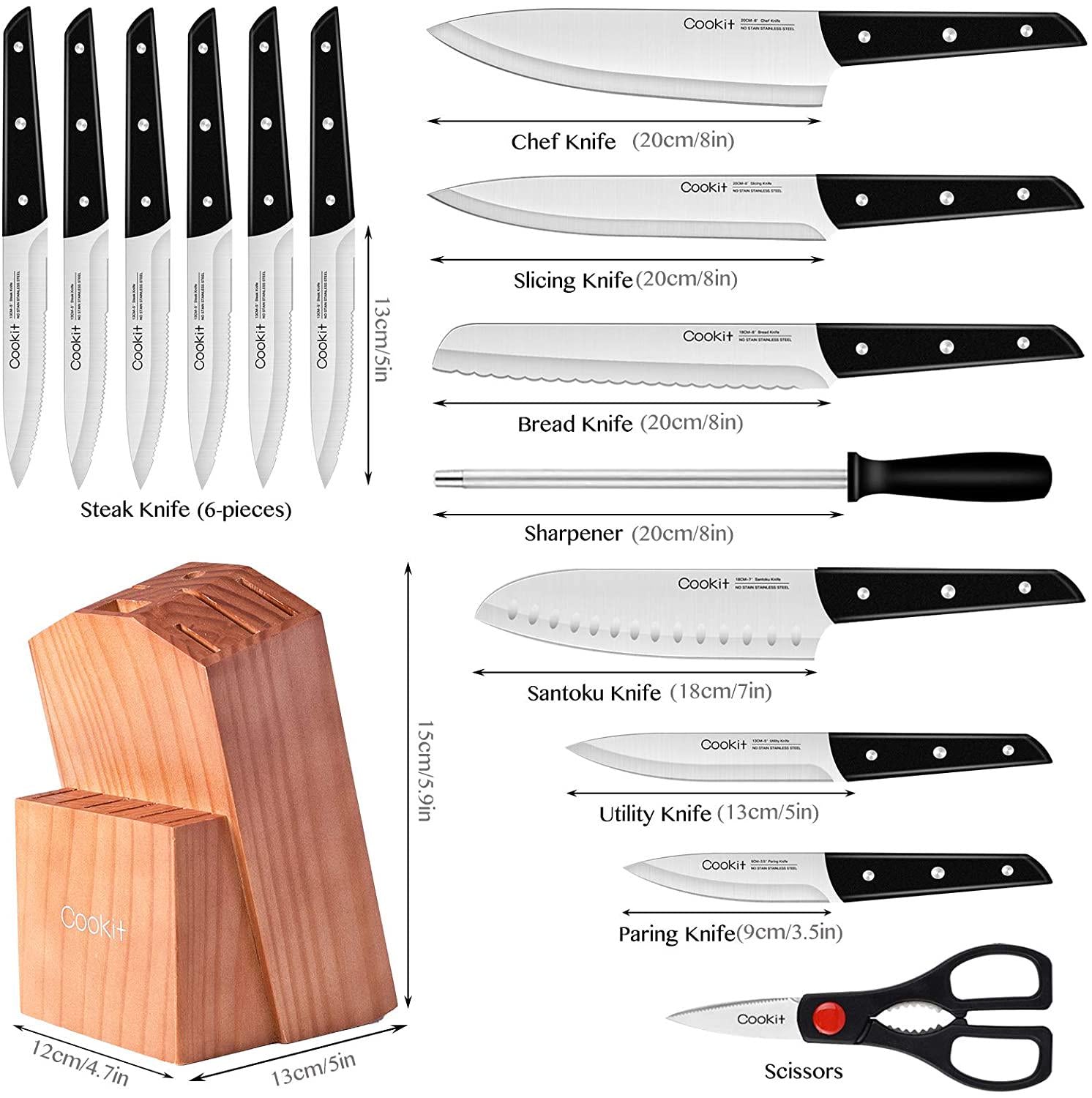Cookit, Knife Sets with Block, 15-Piece Kitchen Knife Set with Sharpener, Germany Stainless Steel Knife Block Set and Serrated Steak Knives