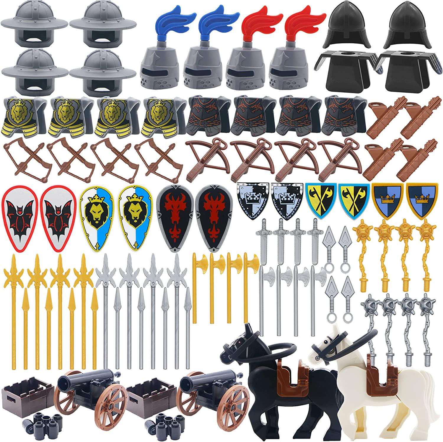 BroTex, Knights People Accessories Building Block - Medieval Weapon Armor Swords Helmet Horse, Castle Knight Shield Spear, MOC Bricks Parts Toys Sets for Boys