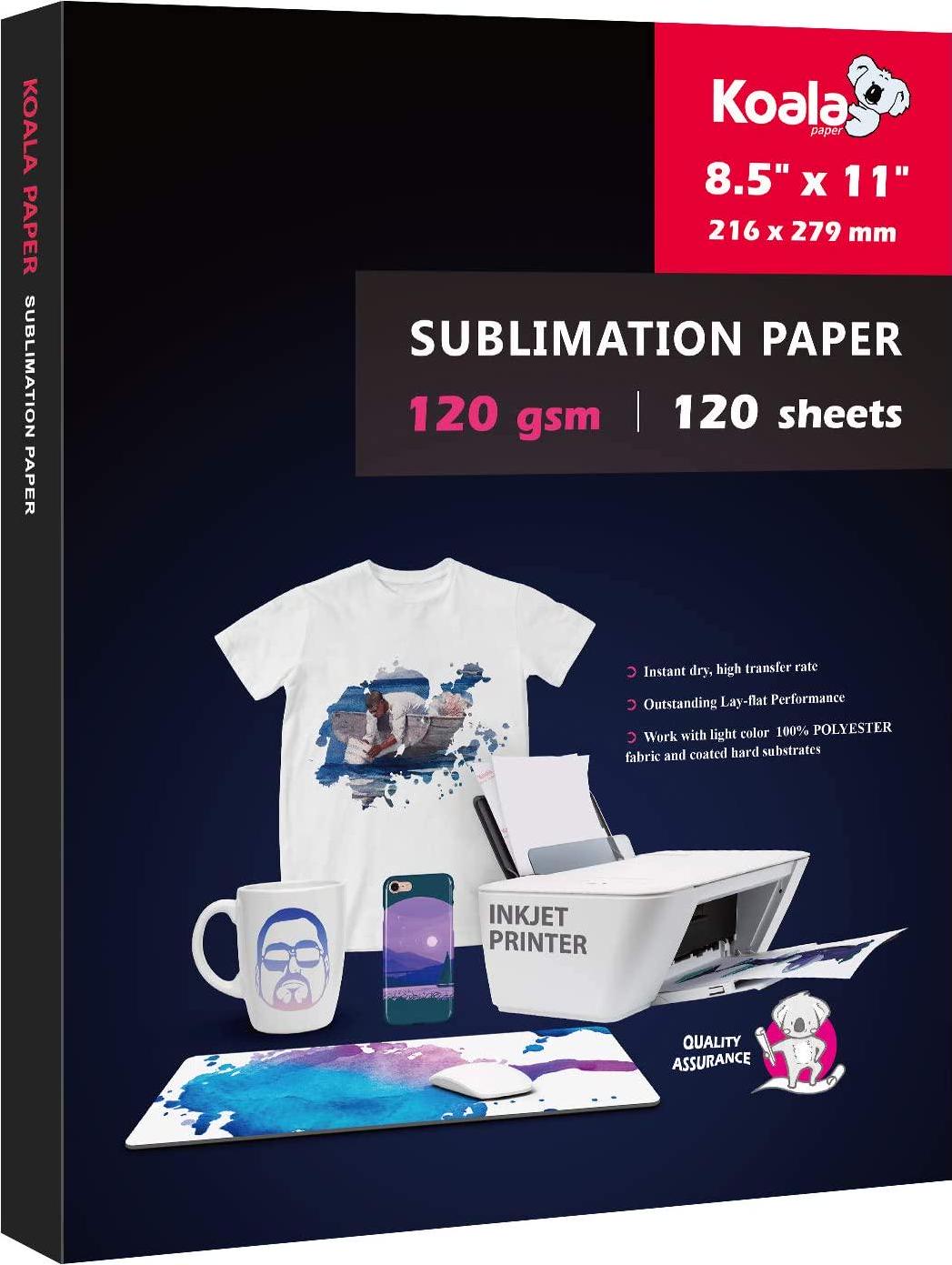 KOALA PAPER, Koala 120 Sheets Sublimation Paper 8.5x11 for Heat Transfer DIY Gift Compatible with Epson Sawgrass Ricoh HP Canon Inkjet Printer with Sublimation Ink