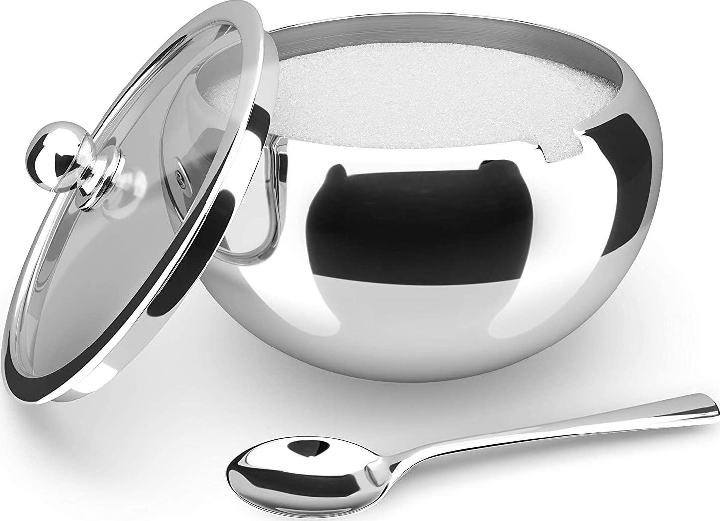 KooK, KooK Large Sugar Bowl, Stainless Steel With Glass Lid, Includes Stainless Steel Spoon, Holds 2 cups of Sugar, 480gm
