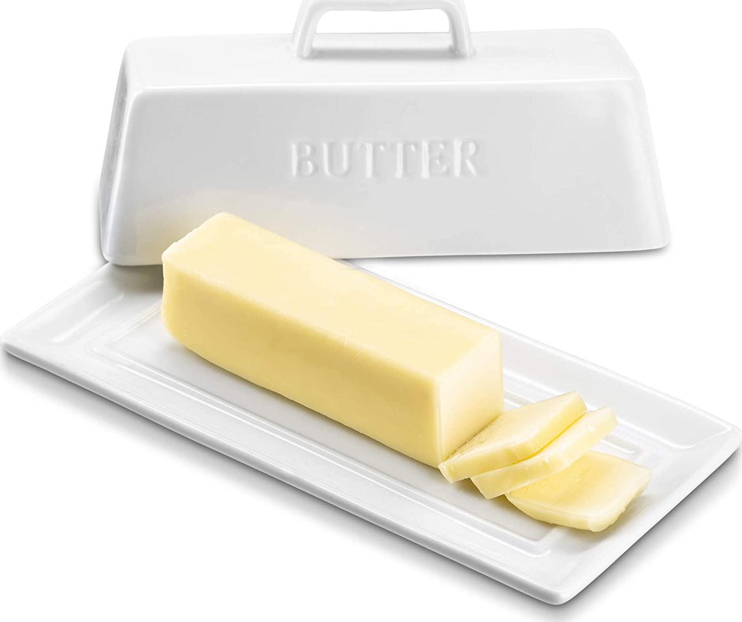 KooK, Kook Ceramic Butter Dish with Lid, Kitchen Countertop Butter Keeper, Serving Tray with Cover, Storage Container, Holds 1 Stick, Microwave and Dishwasher Safe, White
