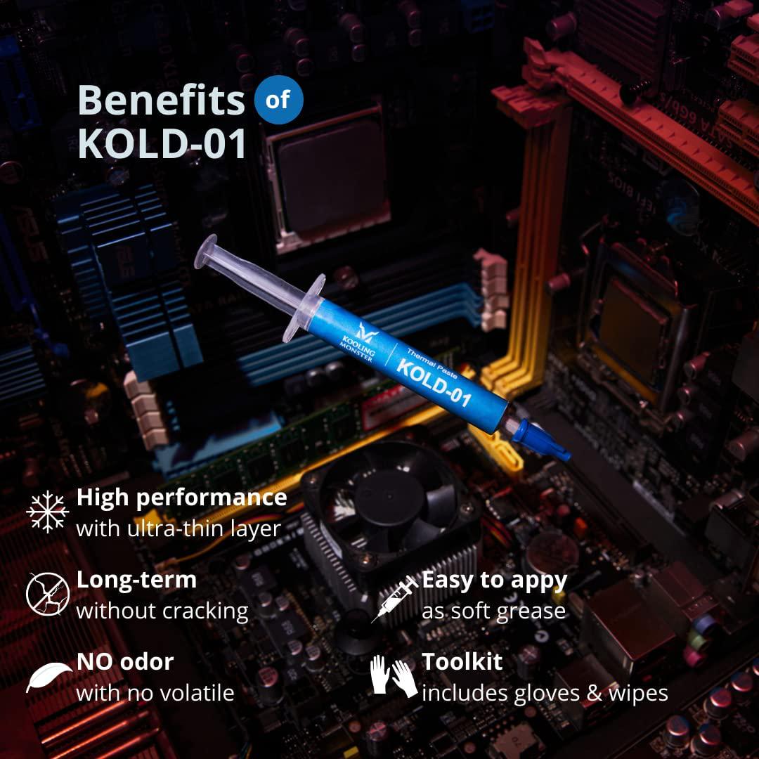 Kooling Monster, Kooling Monster KOLD-01, High Performance Silicone Thermal Paste for Cooling All CPU/Heatsinks/PS4, Silicone Paste Designed for Easy Spreading, Inc. Gloves and Cleaning Wipes, No Odor (0.7ml/1.8g)