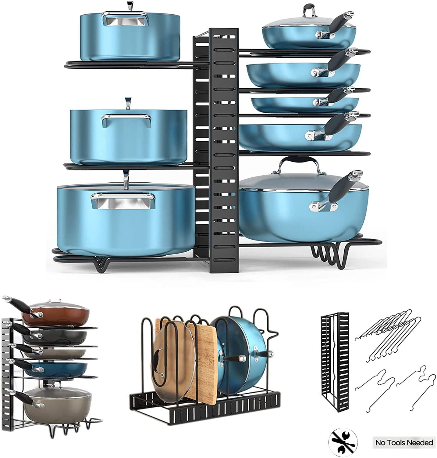 Koreal, Koreal Home Pot Rack Organizers, 8 Tier Pots and Pans Organizer, Adjustable pot rack and Pan Rack for Kitchen Counter and Cabinet, With 3 DIY Methods (black)
