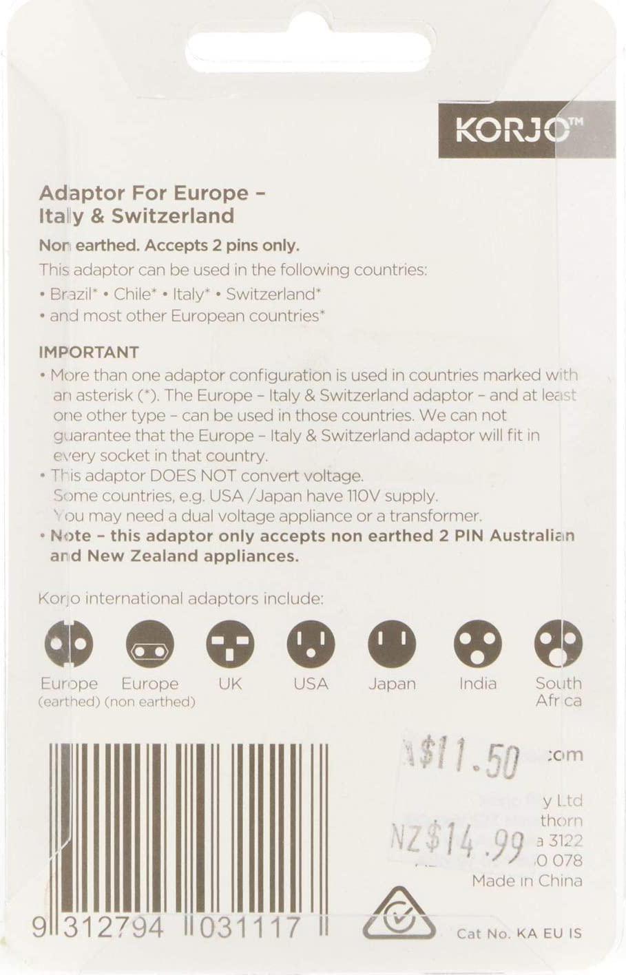 KORJO, Korjo EU (Italy and Switzerland) Travel Adaptor, for AU/NZ Appliances, use in Europe Including IT, CH