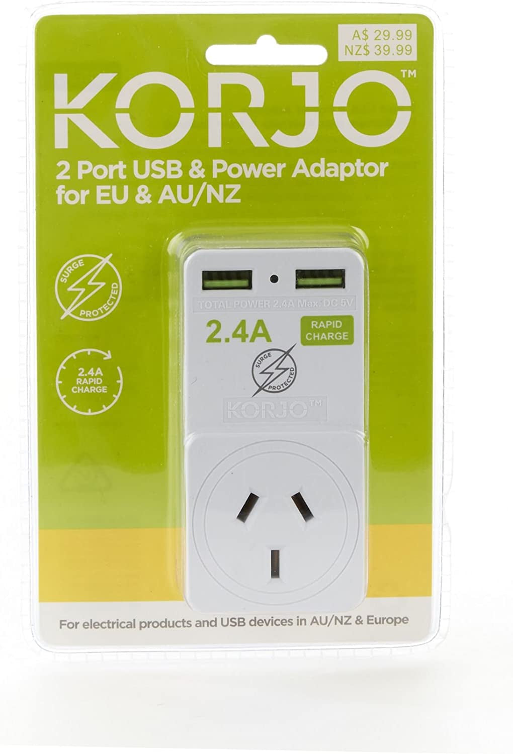 KORJO, Korjo EU USB Power Adaptor, 2X USB Sockets, 1X AUS/NZ Socket, for Europe
