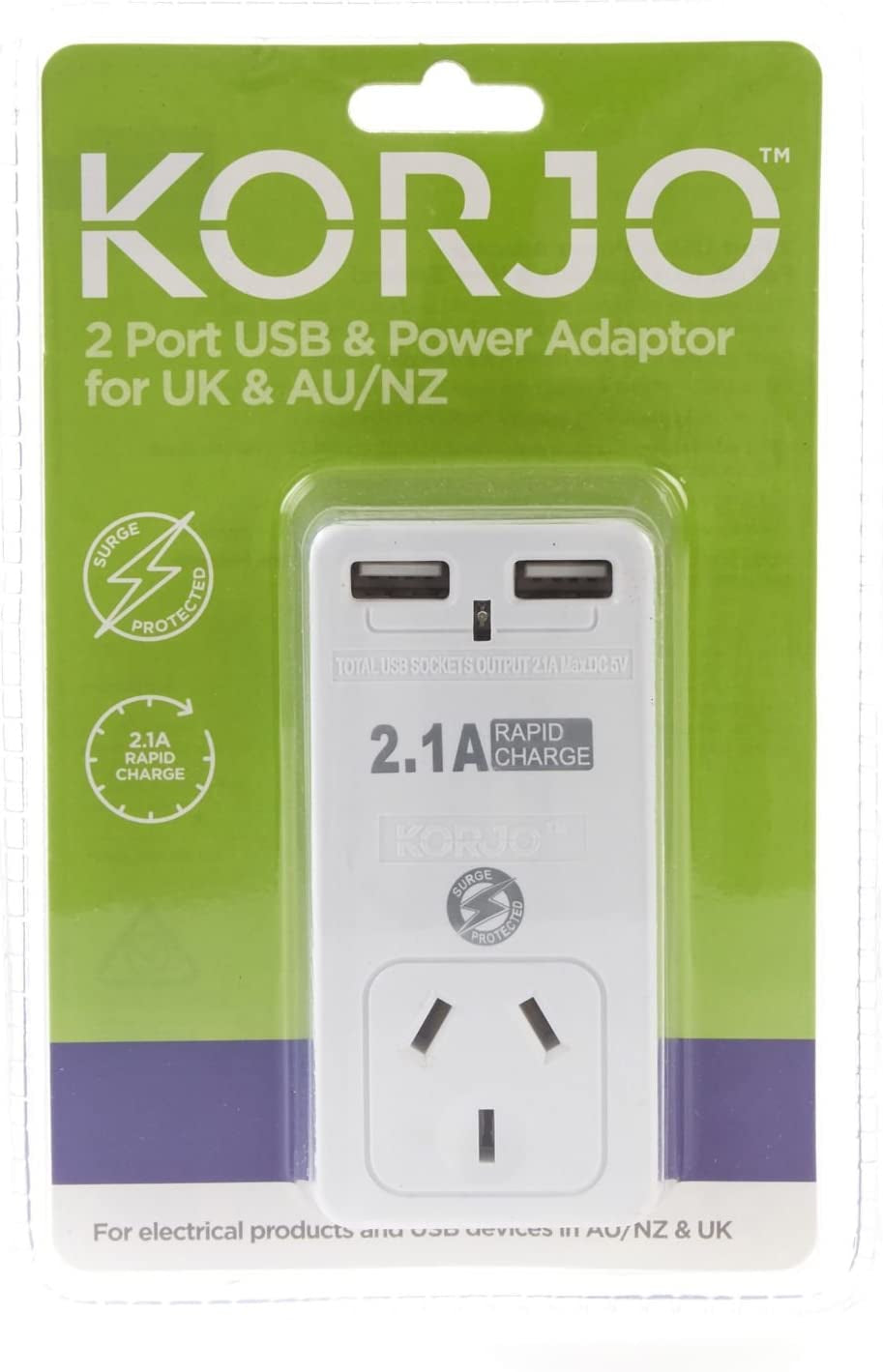 KORJO, Korjo UK USB Power Adaptor, 2X USB Sockets, 1X AUS/NZ Socket, for England, United Kingdom, White