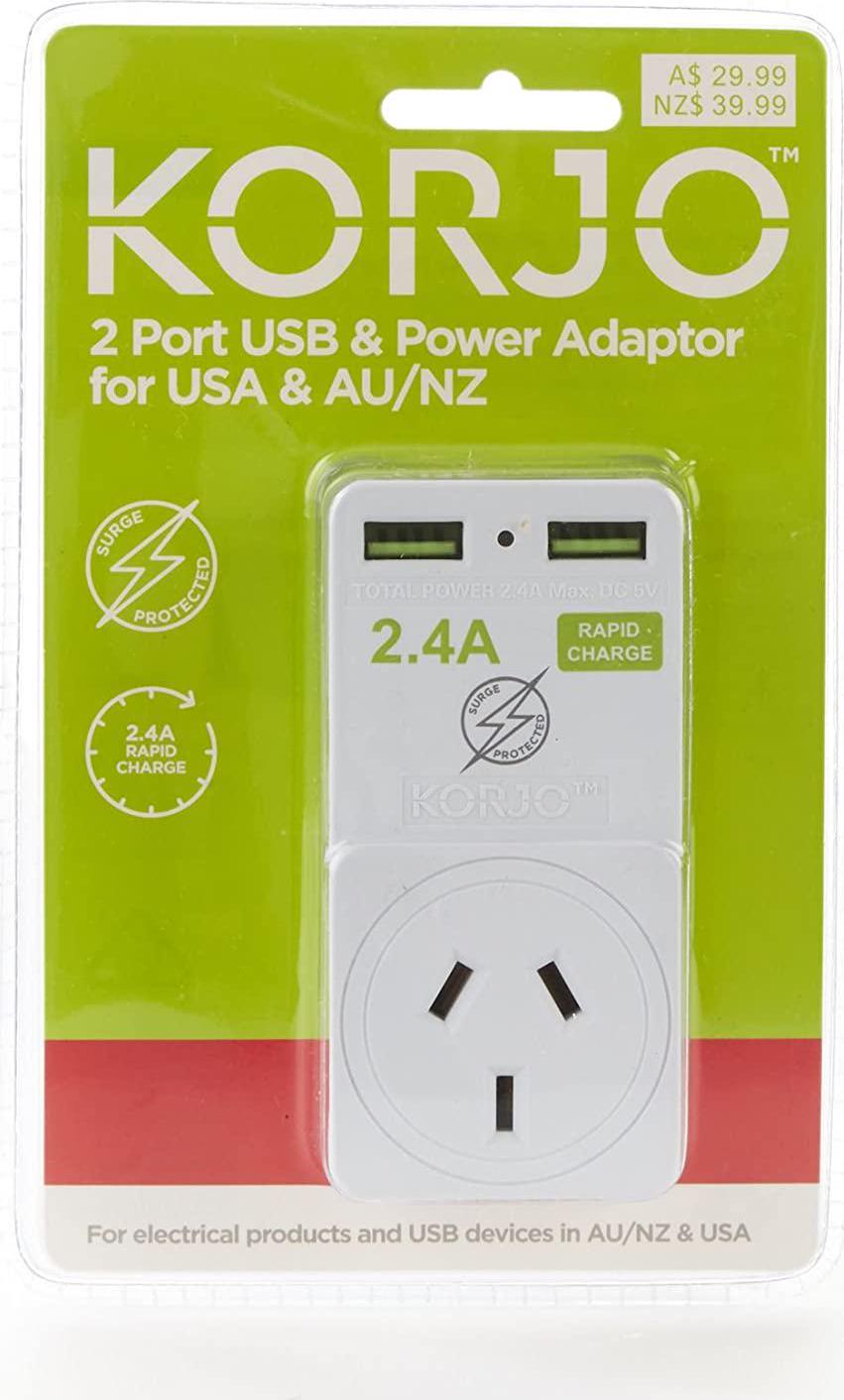 KORJO, Korjo US USB Adaptor Australia, 2X USB Sockets, 1x AUS/NZ Socket, for USA, America, Canada, White
