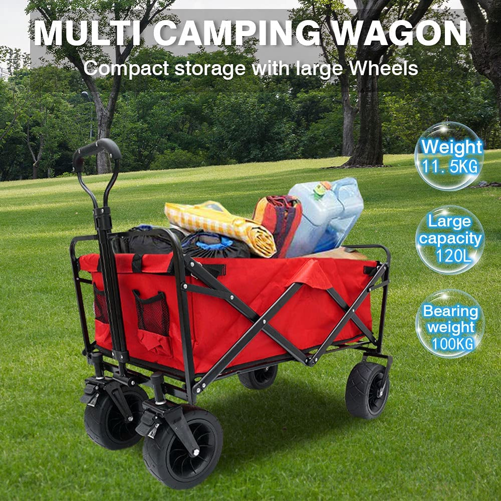 Kotesoto, Kotesoto Folding Wagon Collapsible Utility Big Wheels Shopping Cart for Beach Outdoor Camping Garden All Terrain Portable Lightweight Cart Wagon (Red)