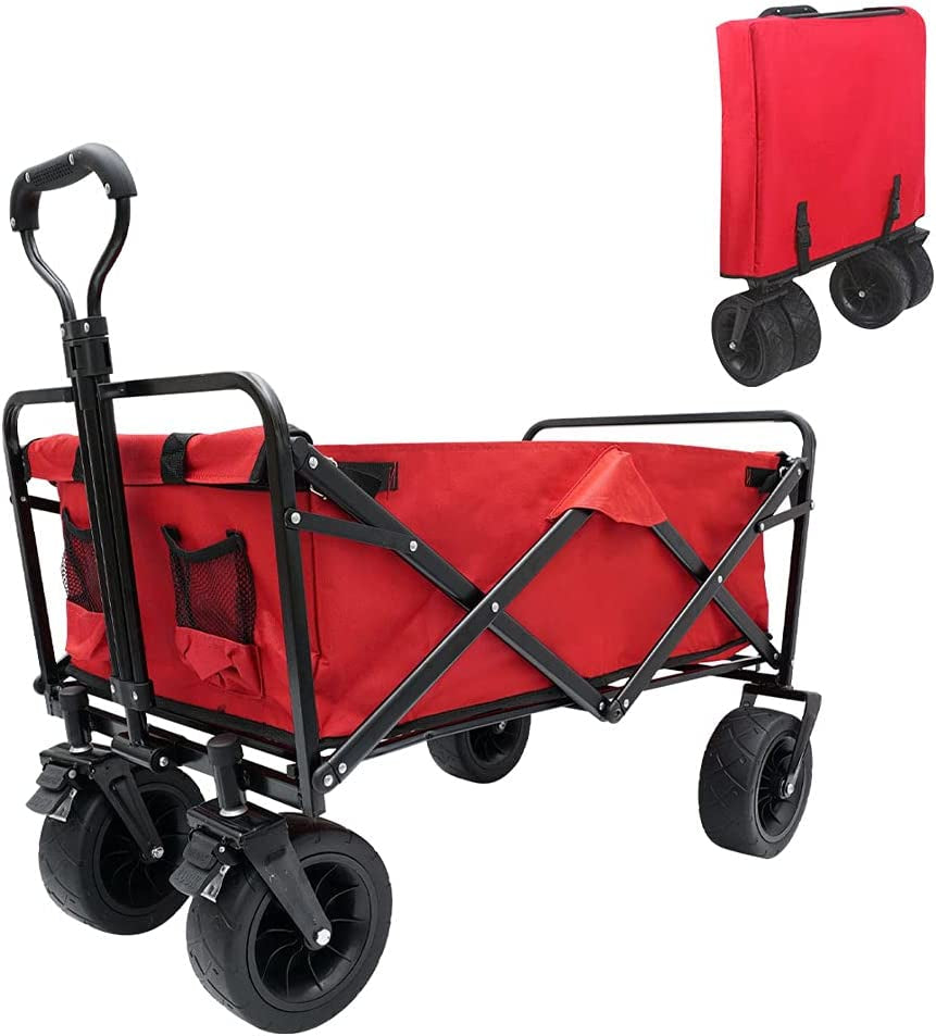 Kotesoto, Kotesoto Folding Wagon Collapsible Utility Big Wheels Shopping Cart for Beach Outdoor Camping Garden All Terrain Portable Lightweight Cart Wagon (Red)