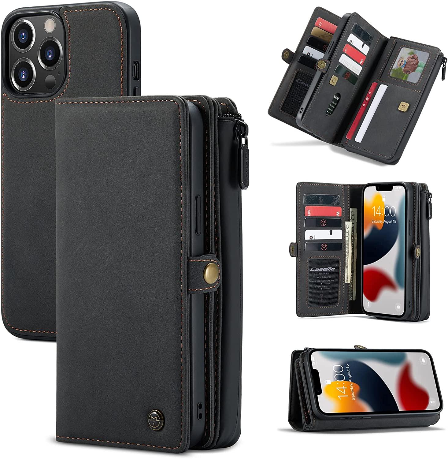 Kowauri, Kowauri Wallet Case for iPhone 13 Pro Max,Zipper Purse Folio Magnetic Leather Wallet Protection Card Slot Holder Detachable Slim Magnetic Back Cover Case for iPhone 13 Pro Max 6.7 inch 2021 (Black)