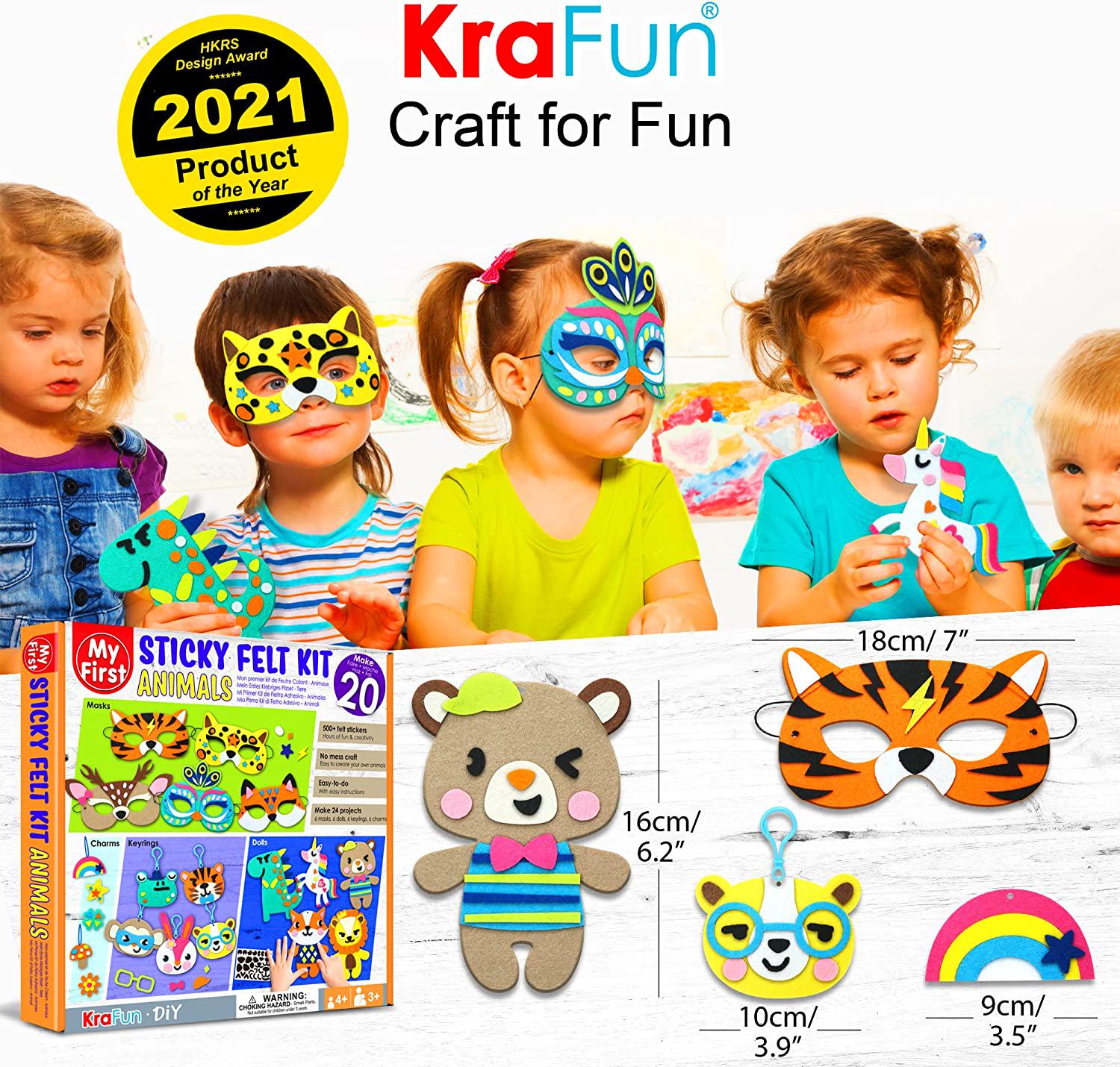 KRAFUN, KraFun Beginner My First Sticky Felt Kit Animal for Kids Art and Craft, Includes 24 Easy Projects for Party Masks, Dolls, Keyrings and Charms, Instruction and Felt Materials for Learning DIY Skills