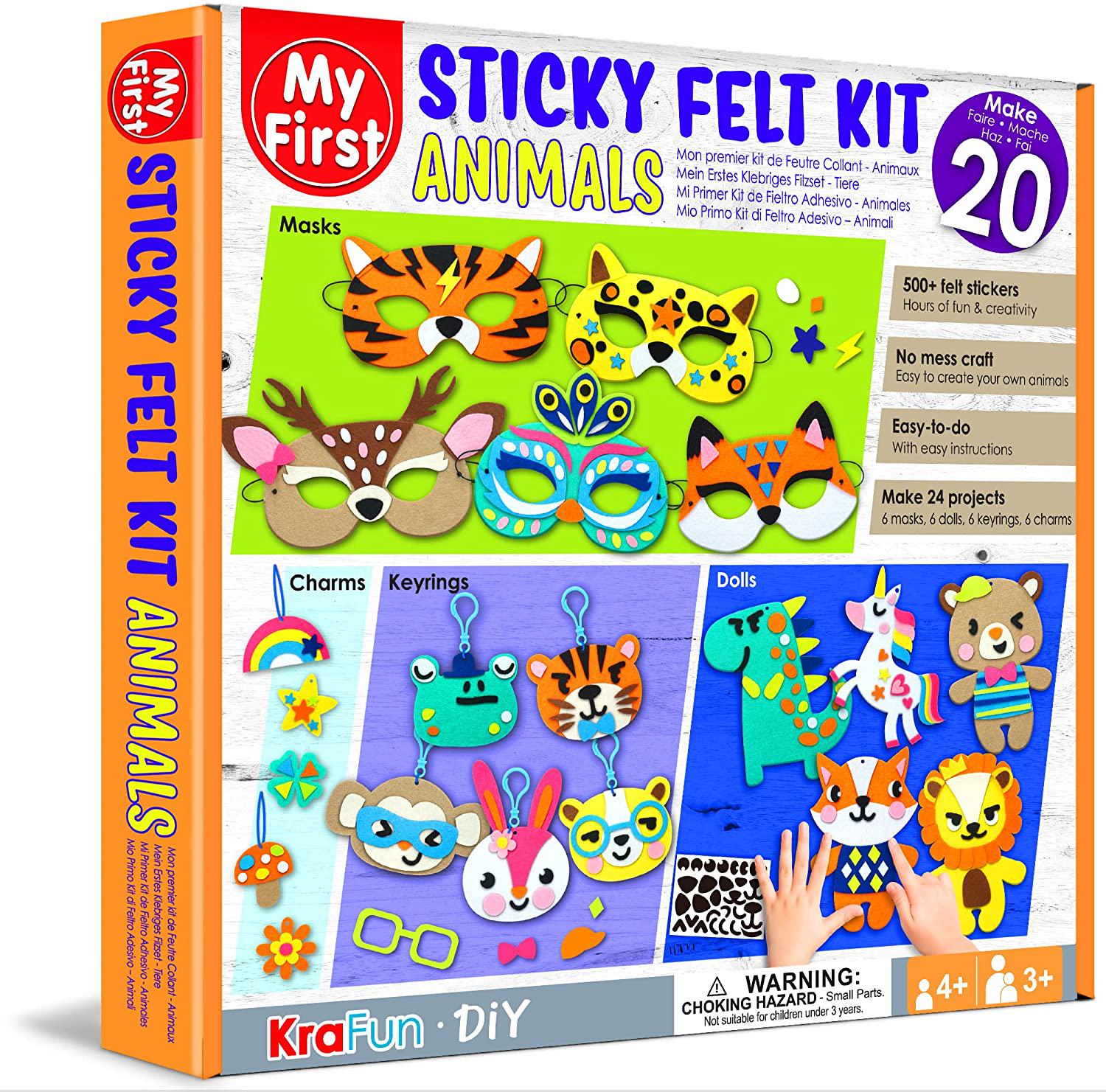 KRAFUN, KraFun Beginner My First Sticky Felt Kit Animal for Kids Art and Craft, Includes 24 Easy Projects for Party Masks, Dolls, Keyrings and Charms, Instruction and Felt Materials for Learning DIY Skills