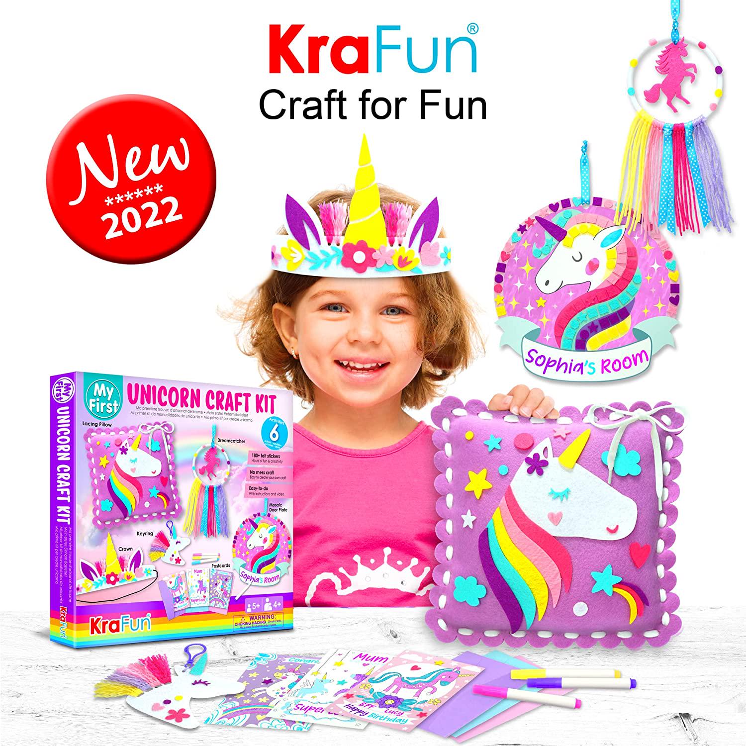 KRAFUN, KraFun My First Unicorn Art and Craft Kit for Young Kids Beginner, Includes 6 Animal Projects, Instructions and Felt, Paper Materials for Learning to Lace, Sew, Coloring, Make Dreamcatcher, Mosaic Charm