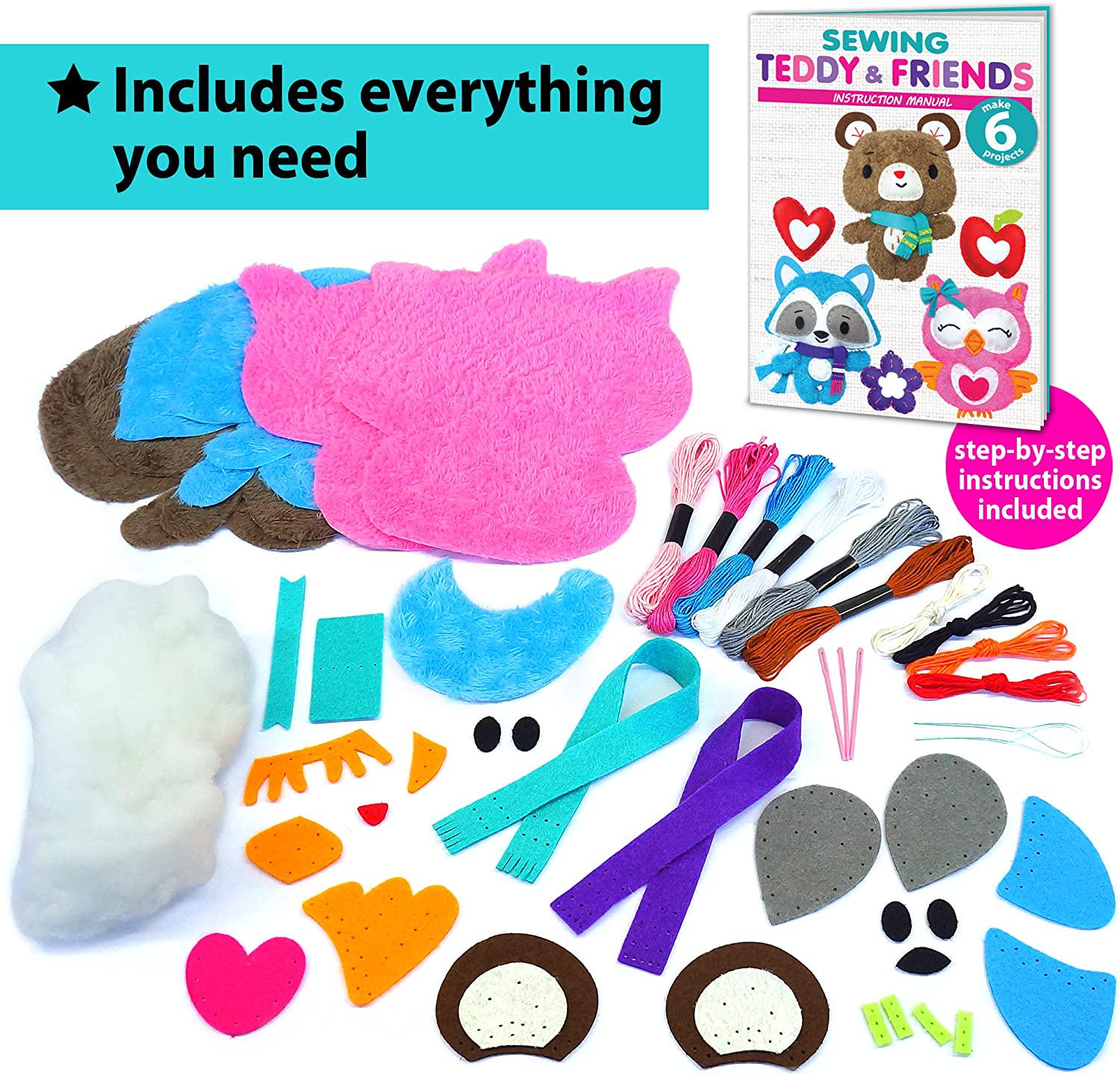 KRAFUN, KraFun Sewing Kit for Kids Age 7 8 9 10 11 12 Beginner My First Art and Craft, Includes 3 Stuffed Animal Dolls, Instruction and Plush Felt Materials for Learn to Sew, Embroidery Skills - Teddy and Friends