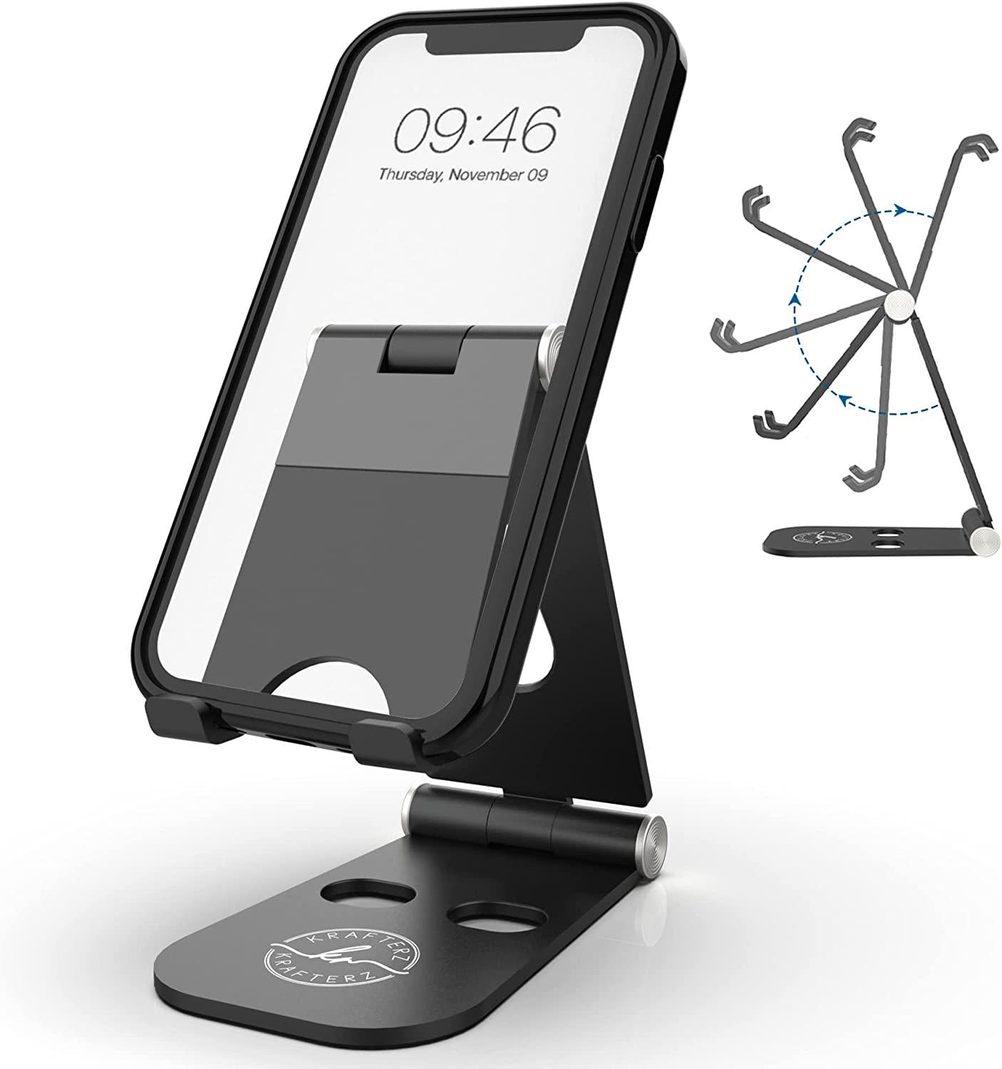 Krafterz, Krafterz Cell Phone Stand for Desk Aluminum Phone Holder Dock Cradle Compatible with All Smartphone, iPad Stand Adjustable, iPhone 11 12 pro XS Plus 8 7 6 Silver (Black)