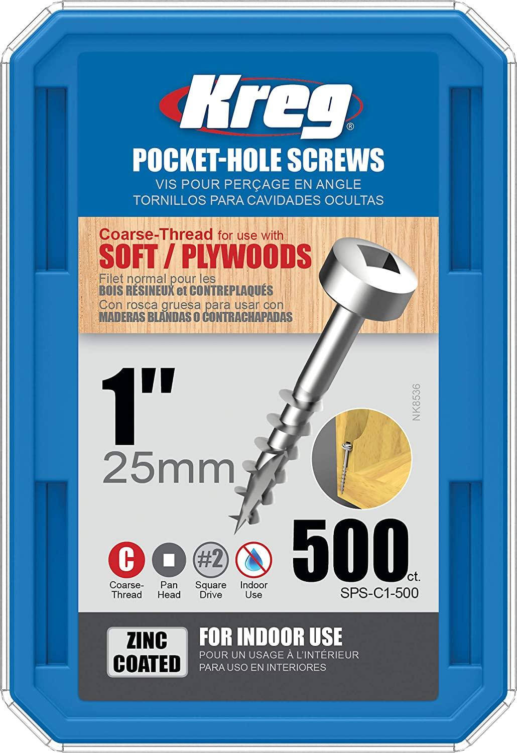 KREG, Kreg SPS-C1-500 Pocket Hole Screws 1-Inch #7 Coarse Pan-Head 500ct